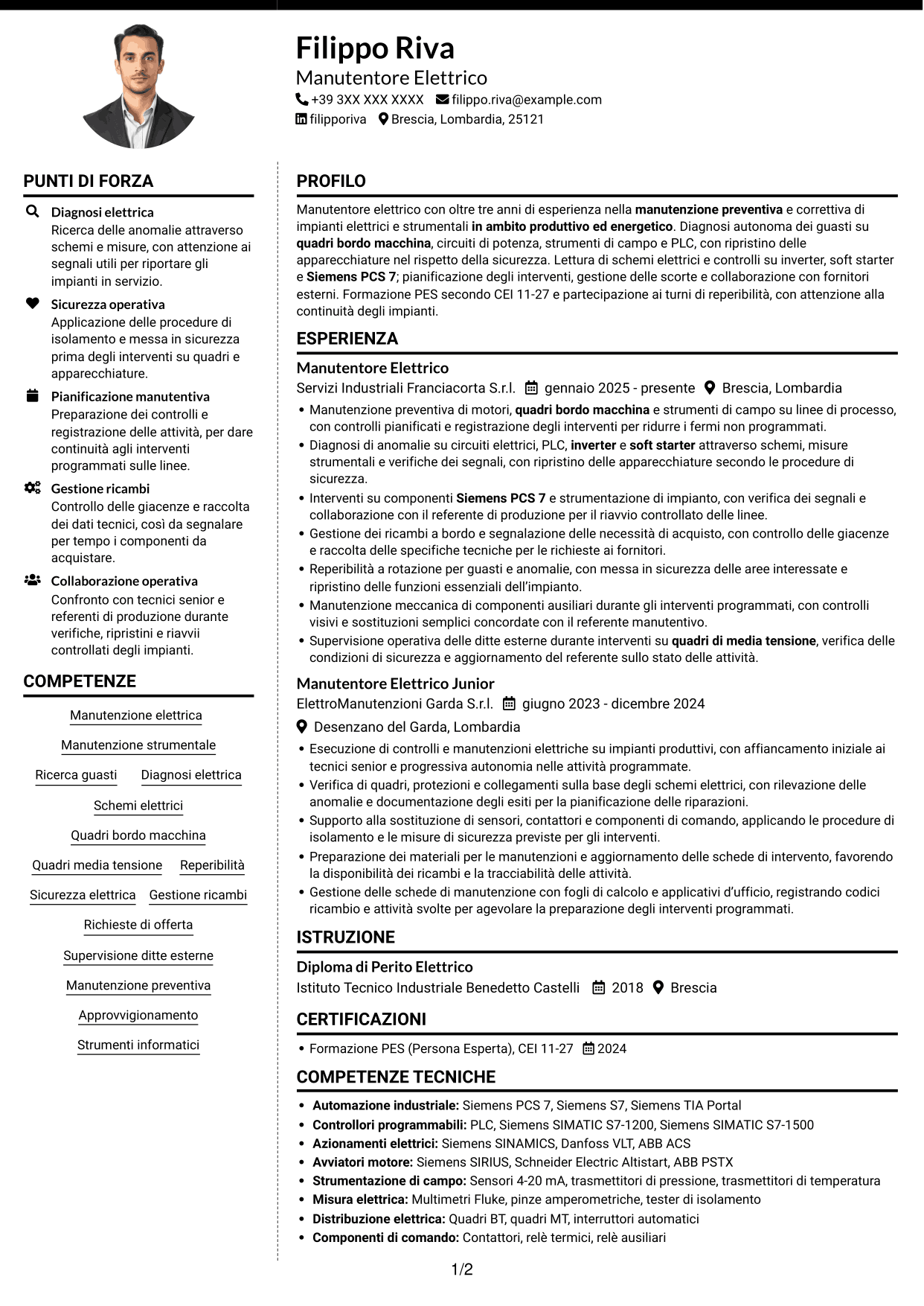 CV Moderno (formato a due colonne con foto a sinistra e separatore): Manutentore Elettrico - Impianti Energetici, pagina 1