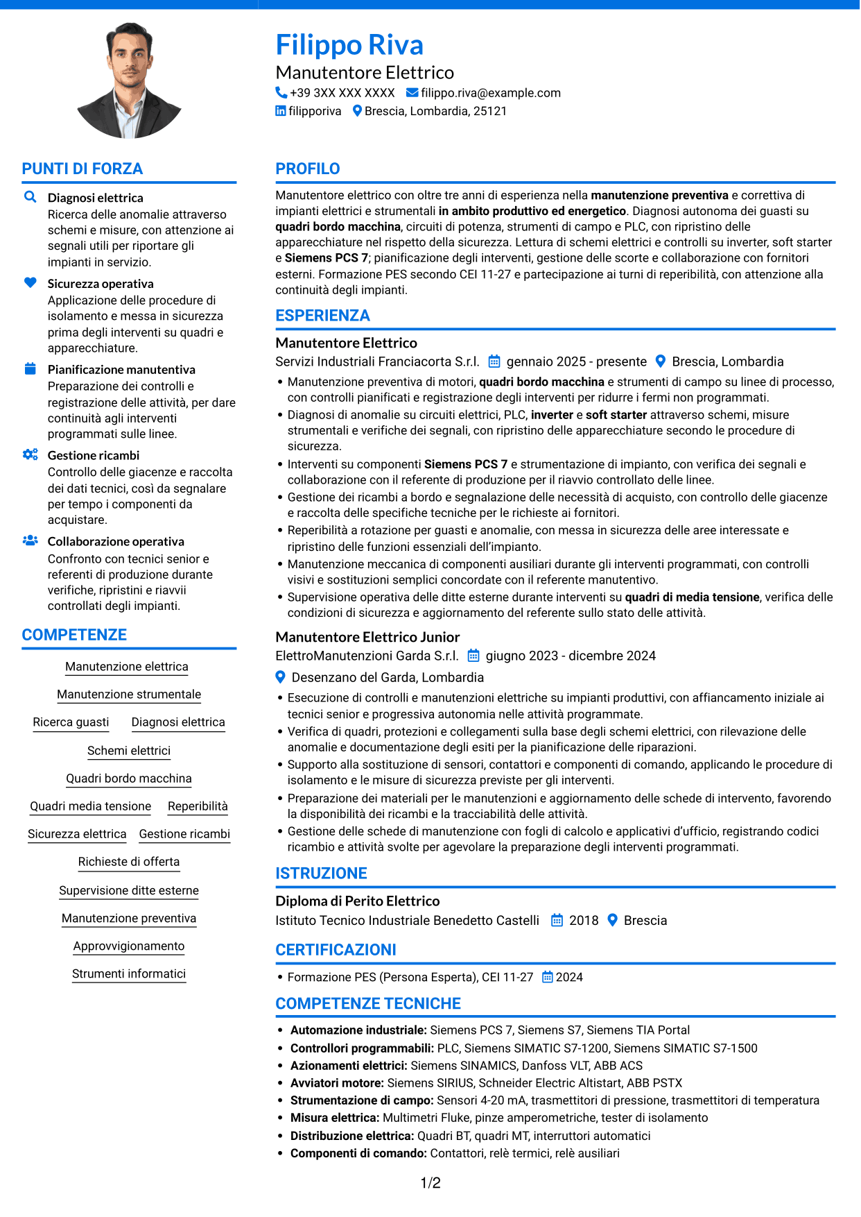 CV Audace (formato a due colonne con accenti colorati e foto): Manutentore Elettrico - Impianti Energetici, pagina 1