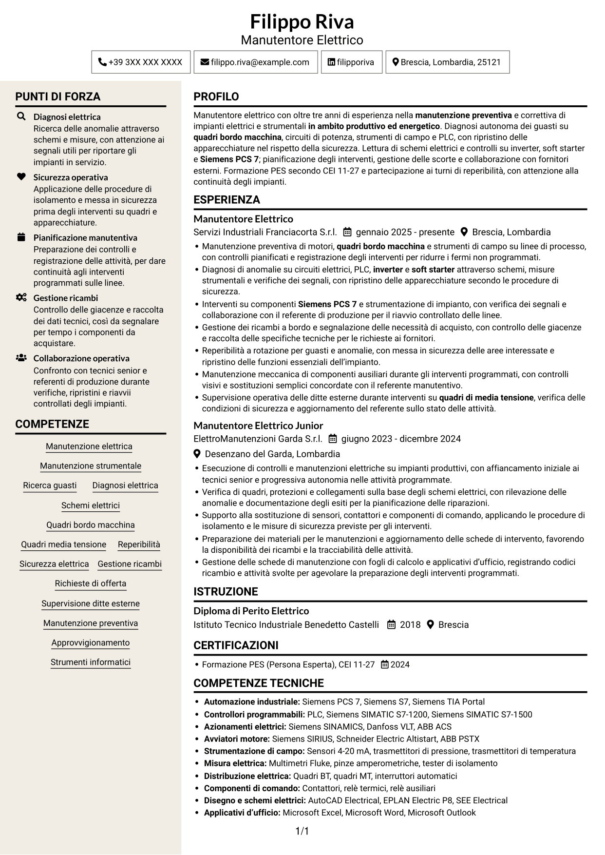 CV Intraprendente (formato a due colonne con intestazione centrata senza foto): Manutentore Elettrico - Impianti Energetici, pagina 1