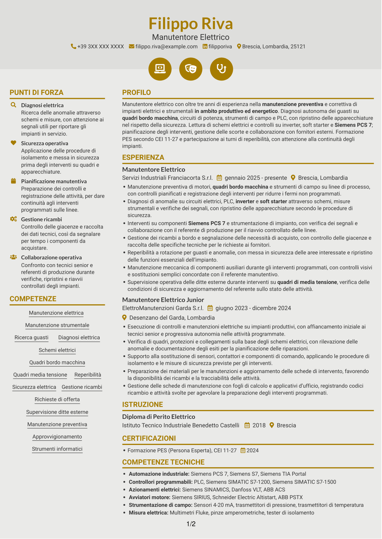 CV Dinamico (formato a due colonne con icone): Manutentore Elettrico - Impianti Energetici, pagina 1