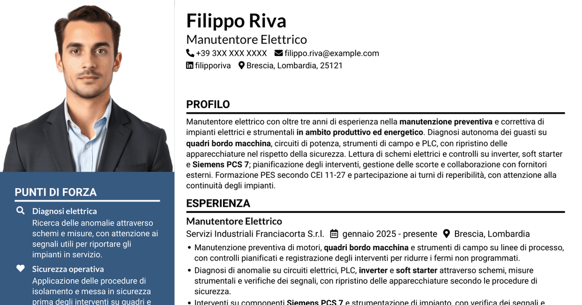 7 modelli di CV per Manutentore Elettrico - Impianti Energetici, con esempi