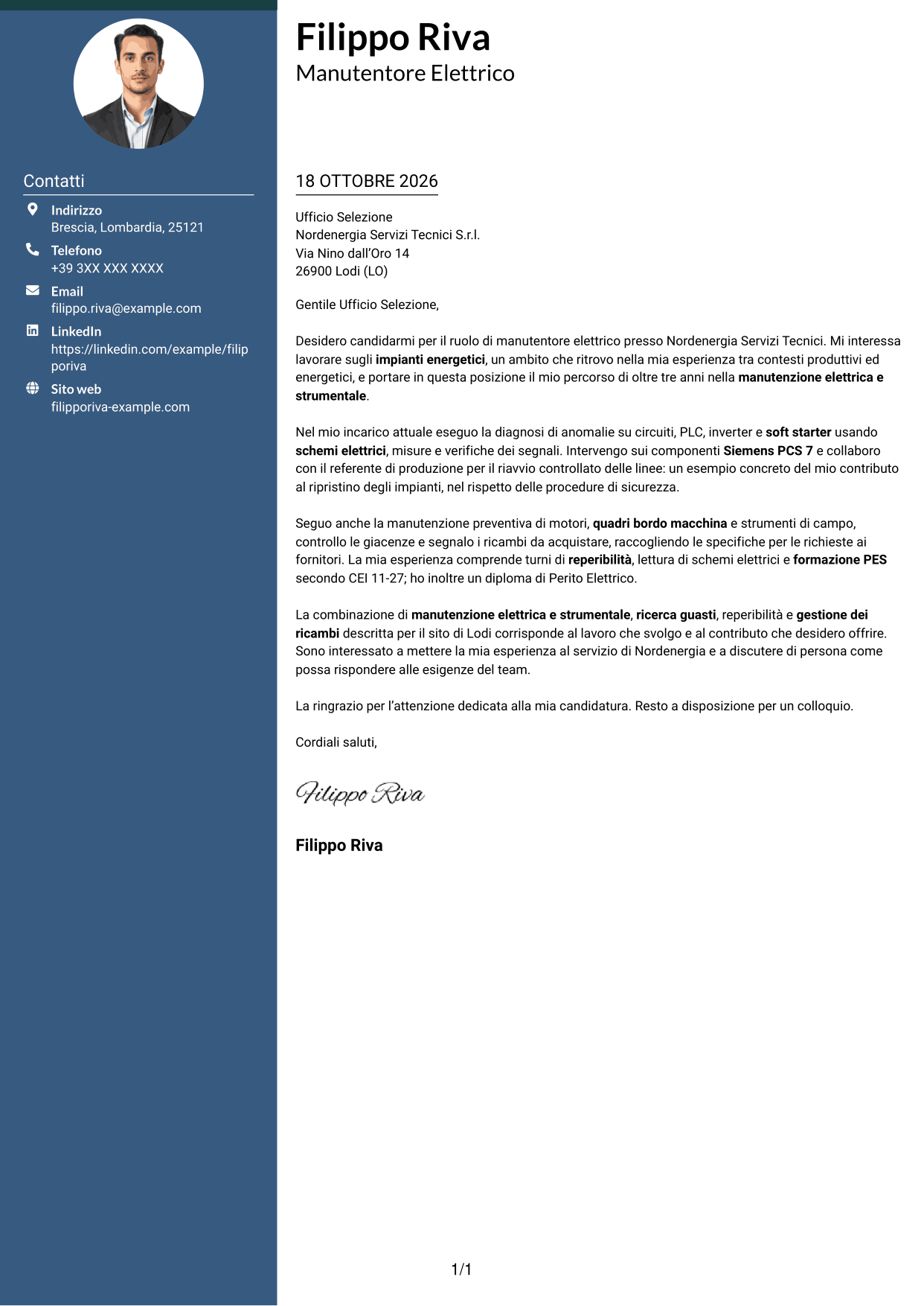 Lettera di presentazione Elegante (formato con colonna laterale colorata e foto): Manutentore Elettrico - Impianti Energetici, pagina 1