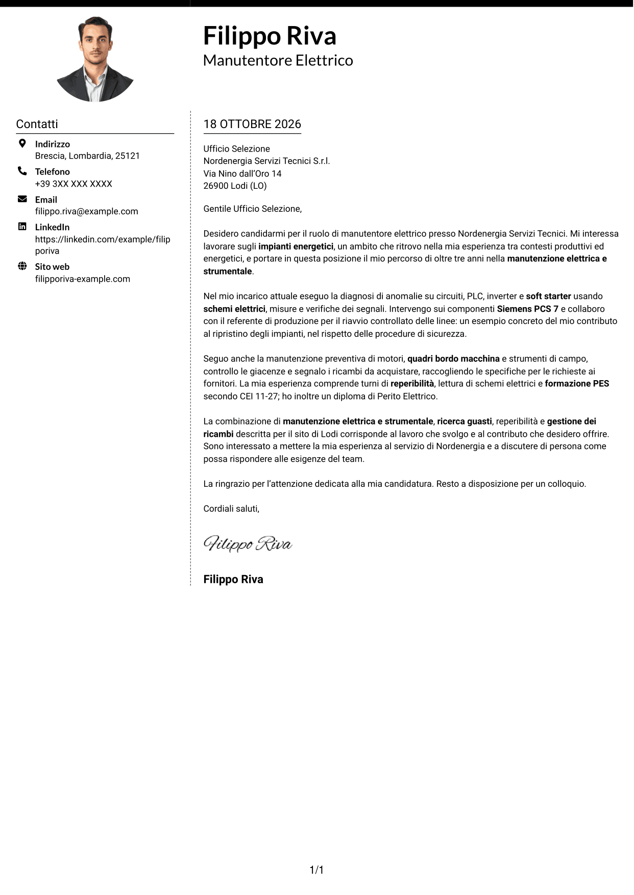 Lettera di presentazione Moderno (formato a due colonne con foto a sinistra e separatore): Manutentore Elettrico - Impianti Energetici, pagina 1