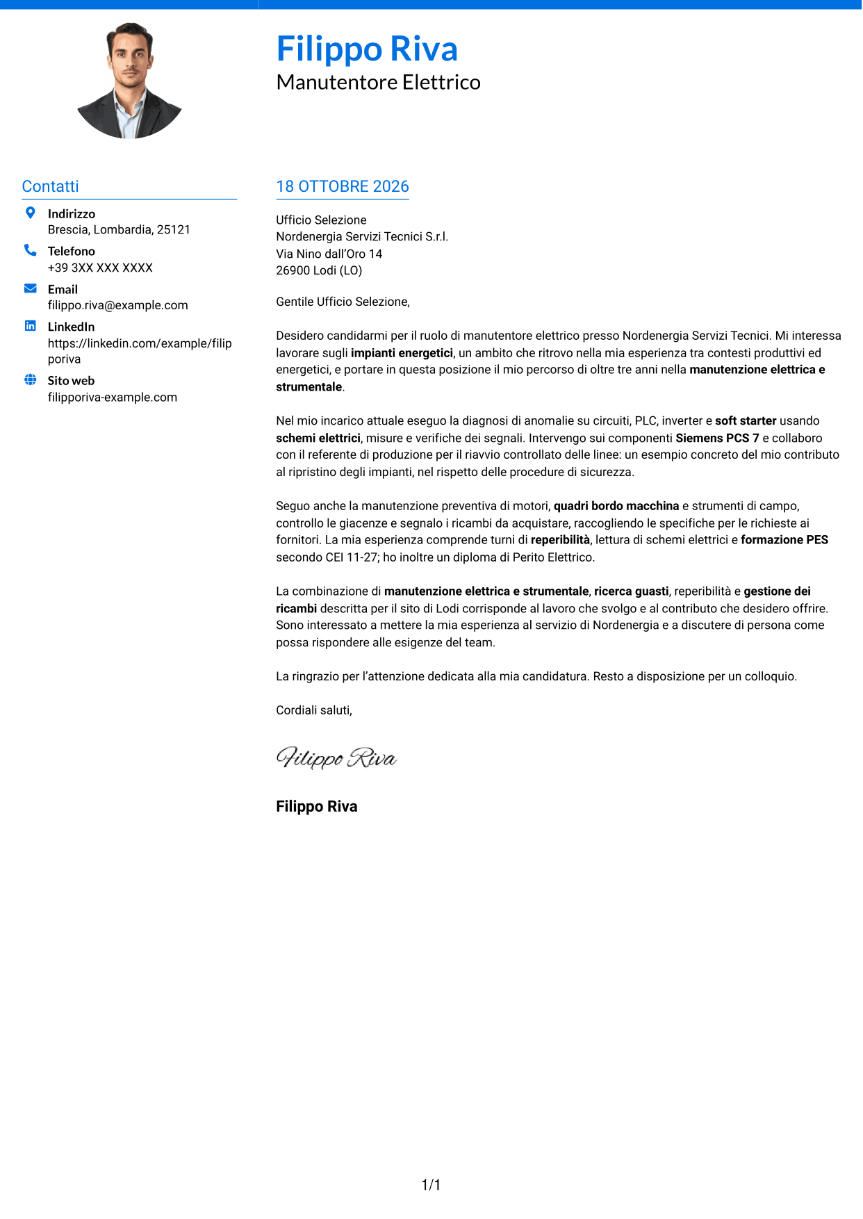 Lettera di presentazione Audace (formato a due colonne con accenti colorati e foto): Manutentore Elettrico - Impianti Energetici, pagina 1