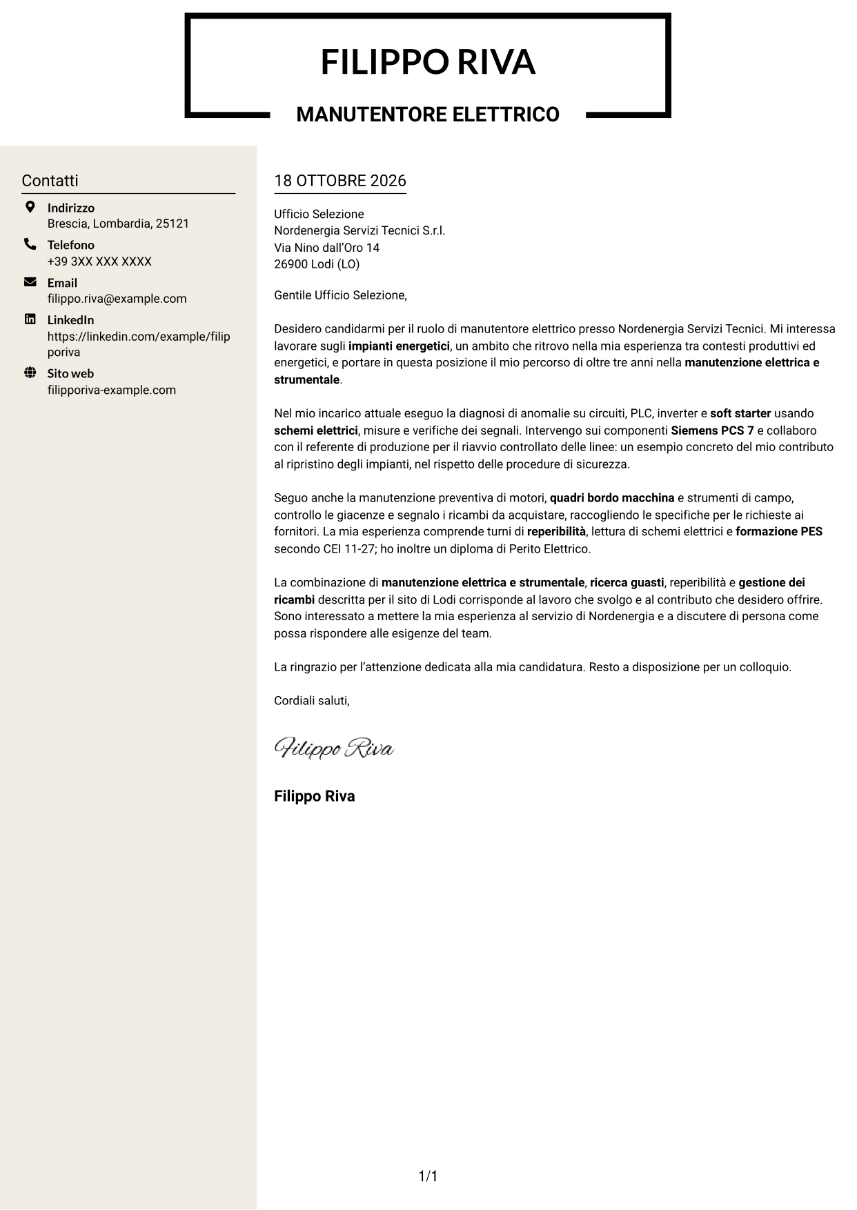 Lettera di presentazione Intraprendente (formato a due colonne con intestazione centrata senza foto): Manutentore Elettrico - Impianti Energetici, pagina 1