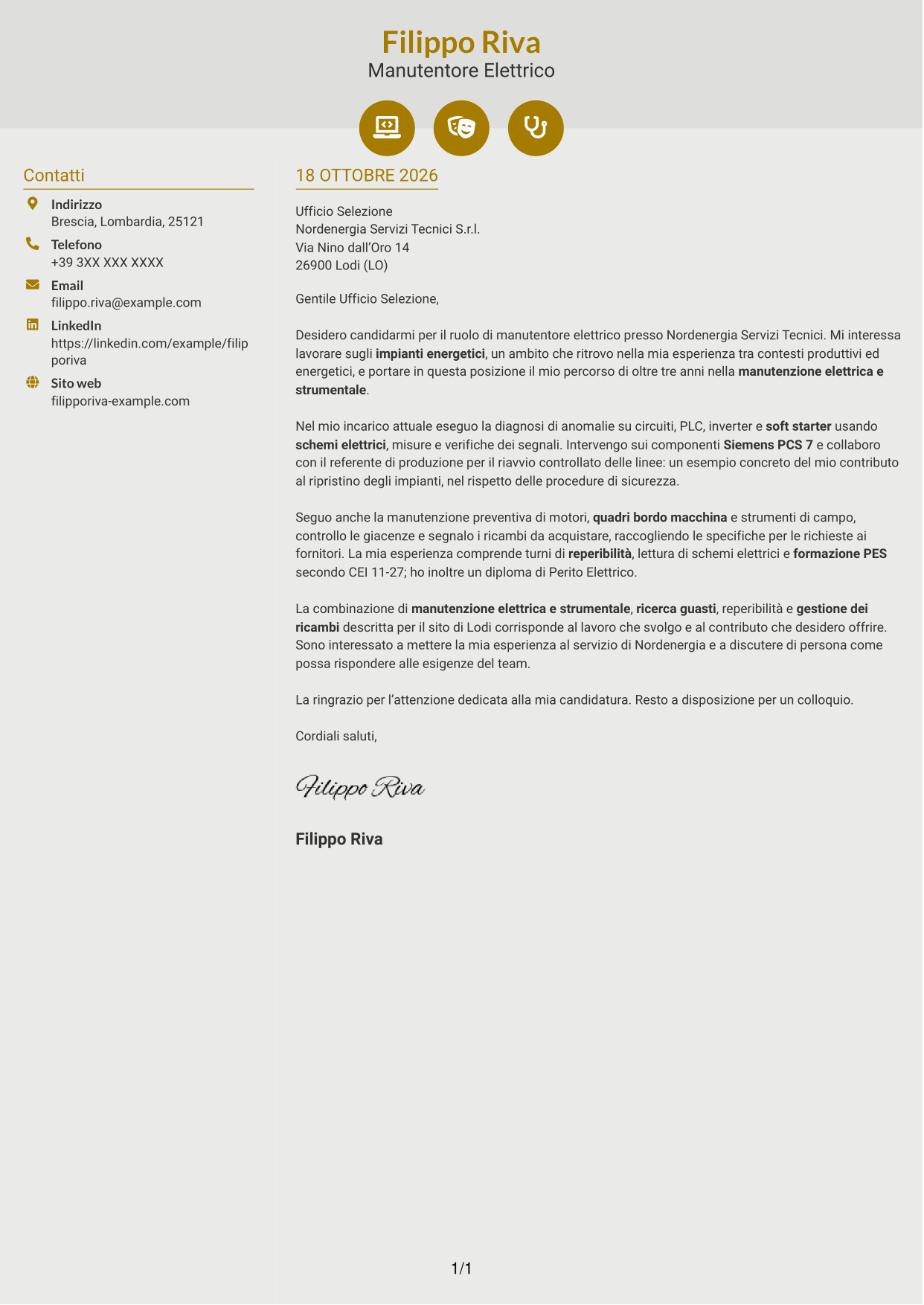 Lettera di presentazione Dinamico (formato a due colonne con icone): Manutentore Elettrico - Impianti Energetici, pagina 1
