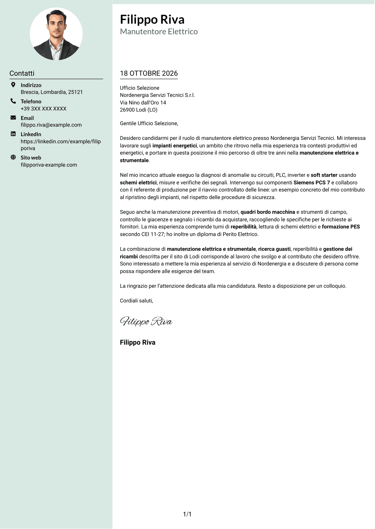 Lettera di presentazione Dirigente (formato con colonna laterale tenue e foto arrotondata): Manutentore Elettrico - Impianti Energetici, pagina 1