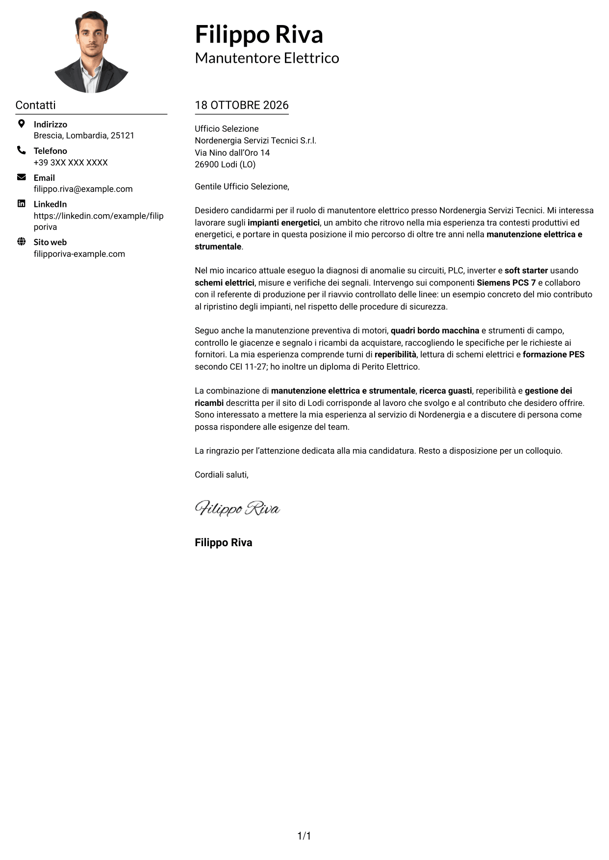 Esempio di lettera di presentazione — pagina 1
