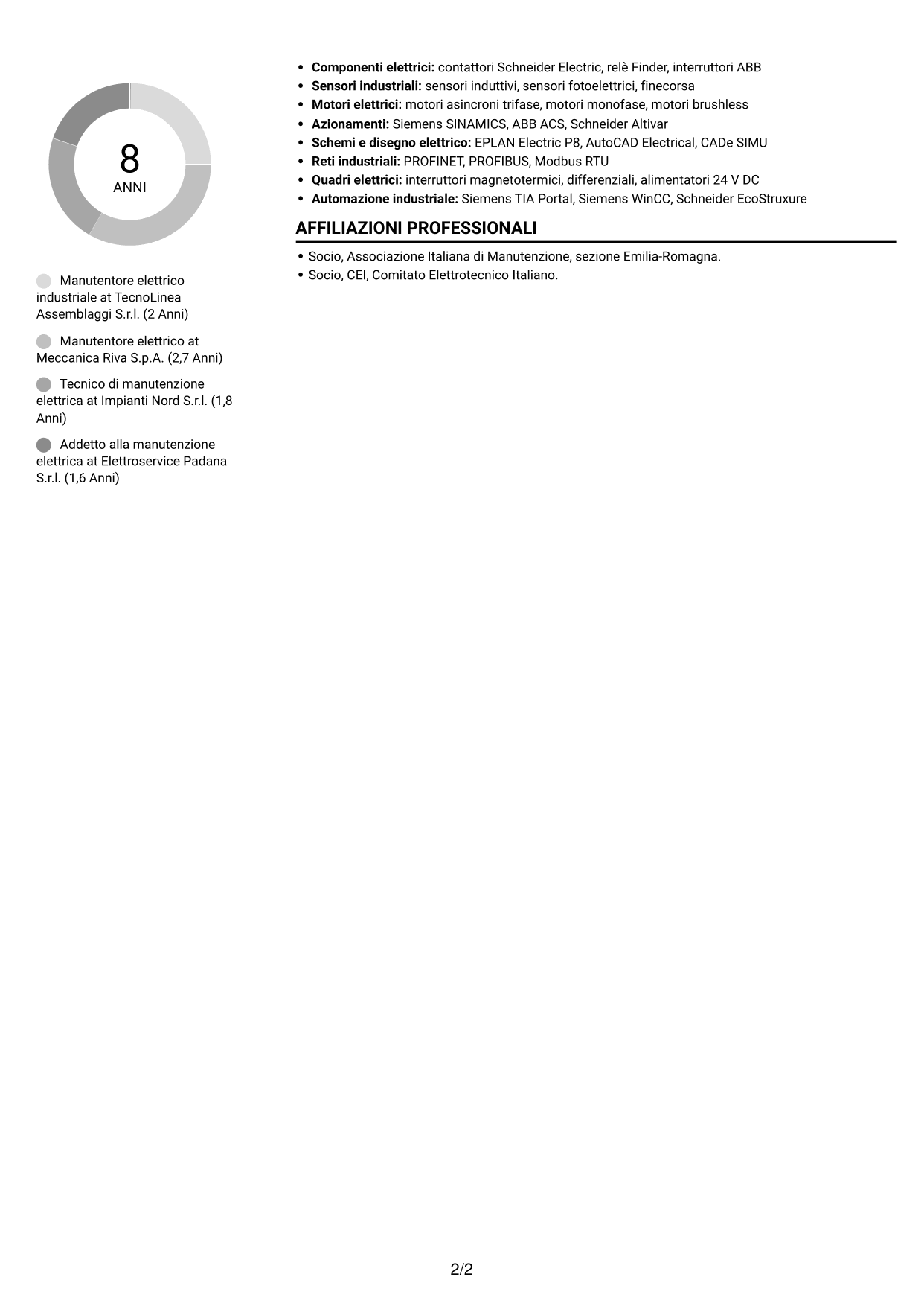 CV Compatto (formato sobrio a due colonne con foto): Manutentore Elettrico Industriale - Impianti e automazione, pagina 2