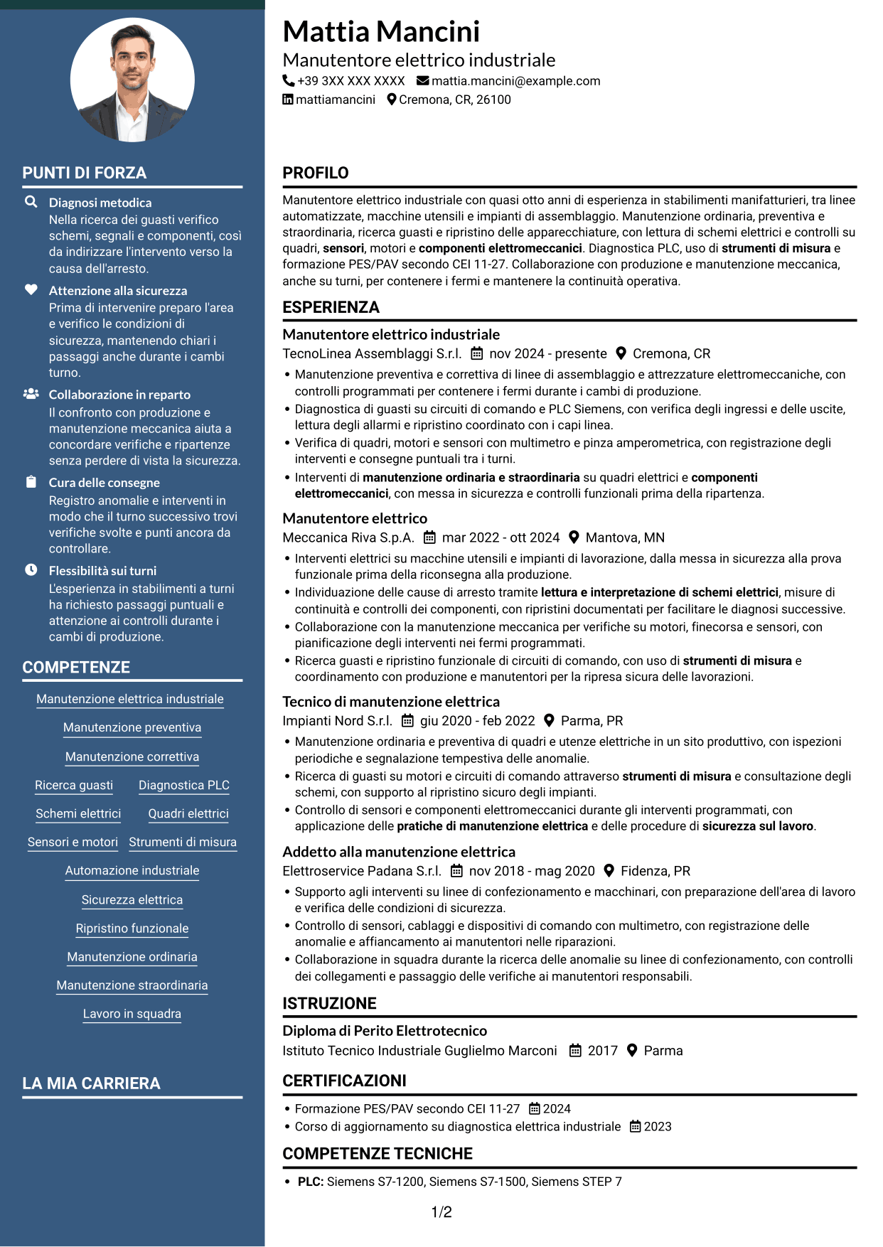 CV Elegante (formato con colonna laterale colorata e foto): Manutentore Elettrico Industriale - Impianti e automazione, pagina 1