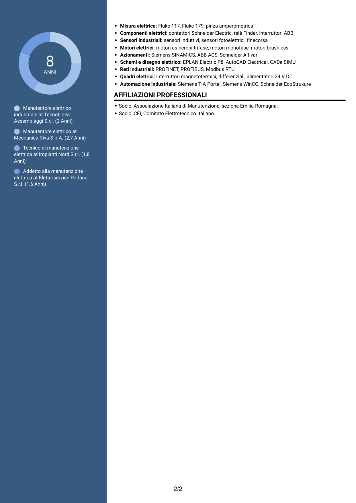 CV Elegante (formato con colonna laterale colorata e foto): Manutentore Elettrico Industriale - Impianti e automazione, pagina 2
