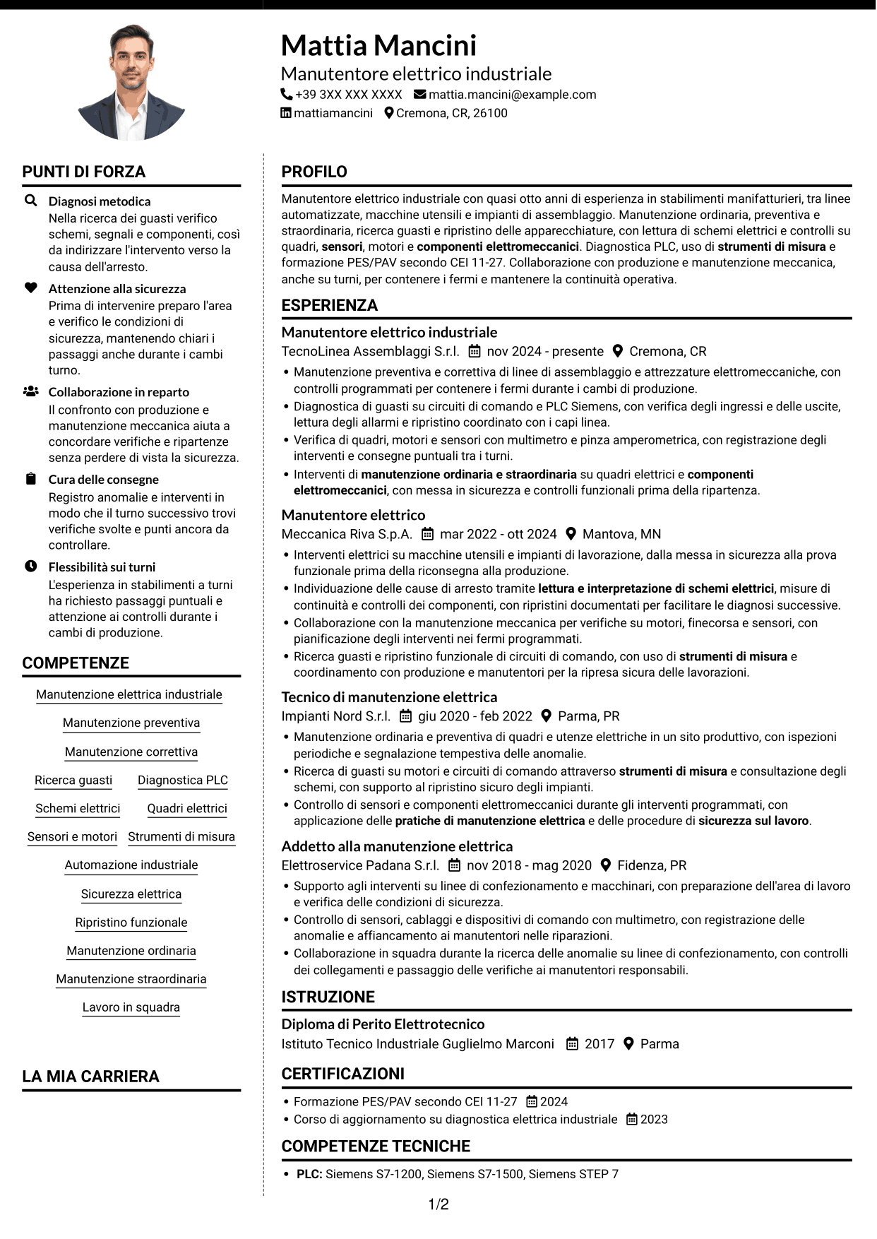 CV Moderno (formato a due colonne con foto a sinistra e separatore): Manutentore Elettrico Industriale - Impianti e automazione, pagina 1