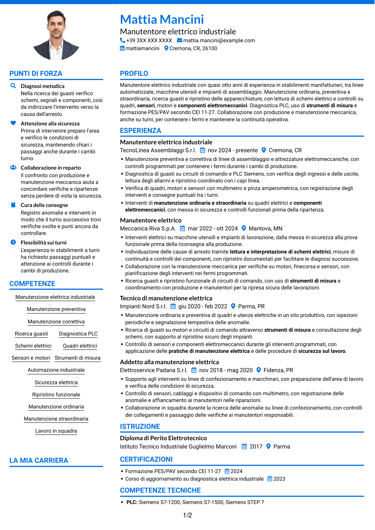 CV Audace (formato a due colonne con accenti colorati e foto): Manutentore Elettrico Industriale - Impianti e automazione, pagina 1