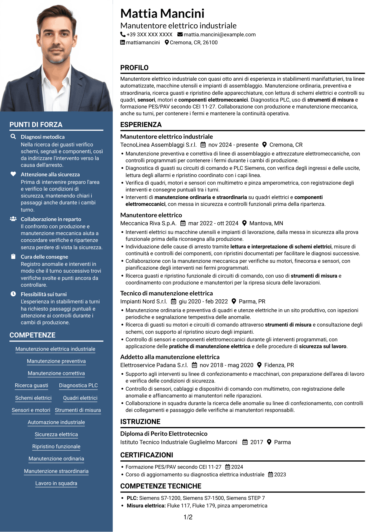 CV Signature (formato con colonna laterale colorata e foto grande): Manutentore Elettrico Industriale - Impianti e automazione, pagina 1