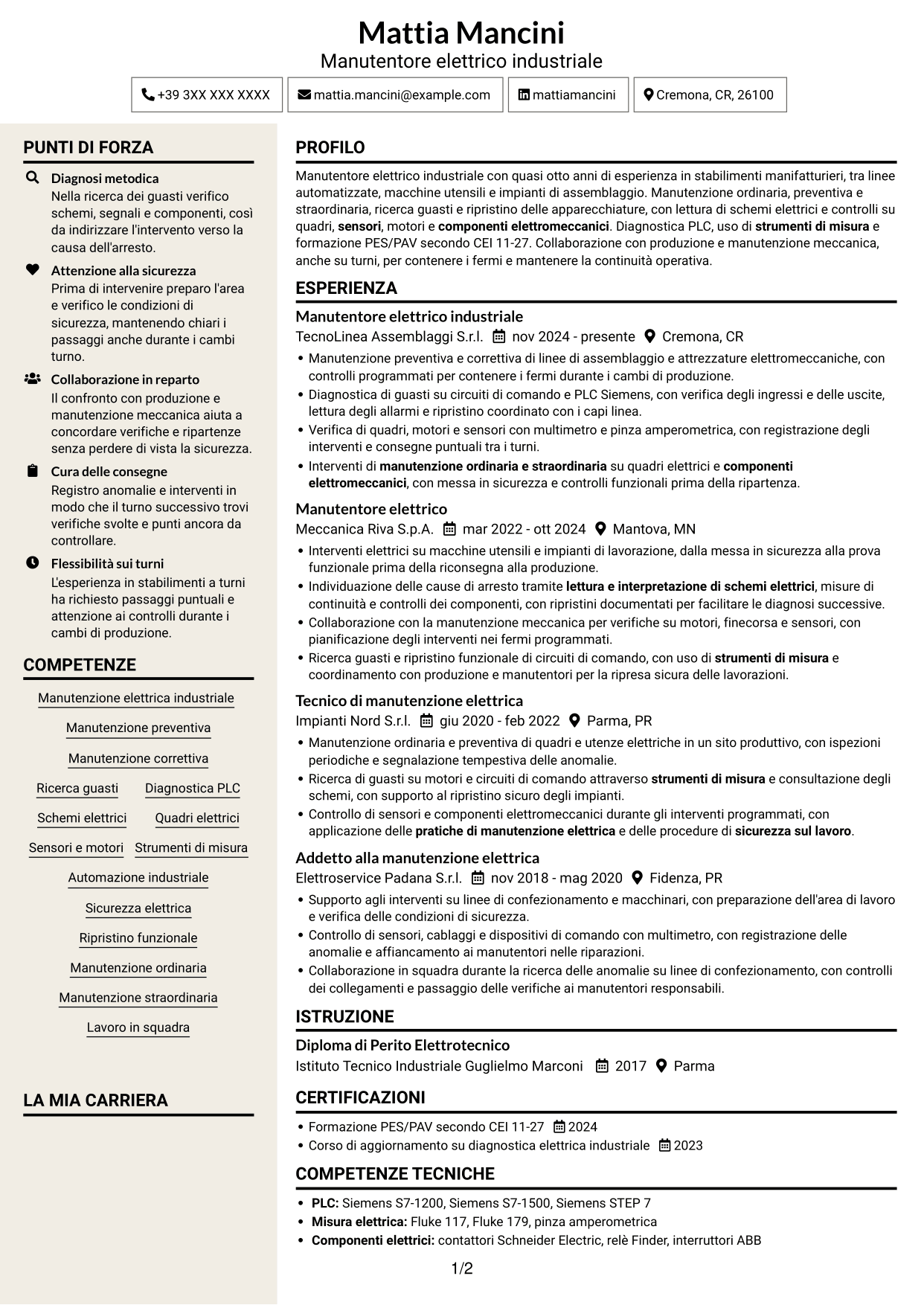 CV Intraprendente (formato a due colonne con intestazione centrata senza foto): Manutentore Elettrico Industriale - Impianti e automazione, pagina 1