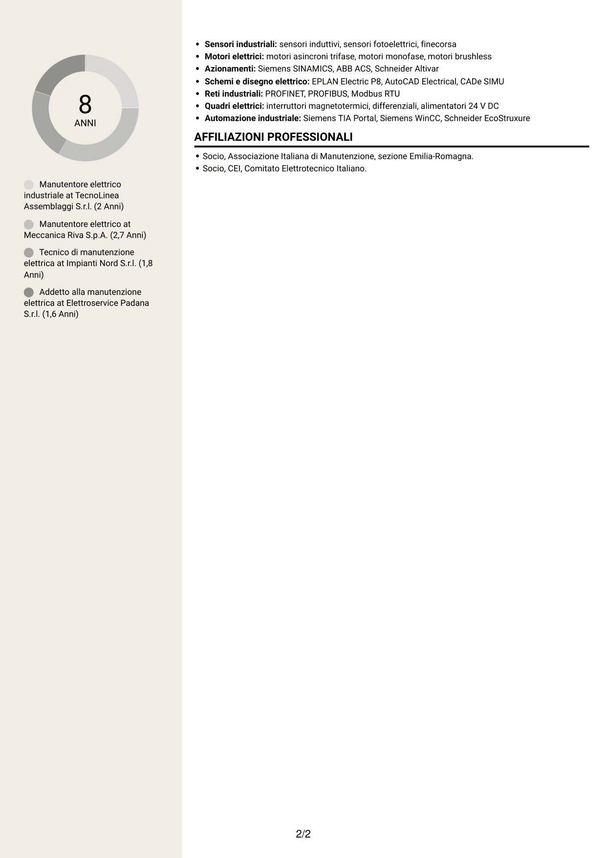 CV Intraprendente (formato a due colonne con intestazione centrata senza foto): Manutentore Elettrico Industriale - Impianti e automazione, pagina 2
