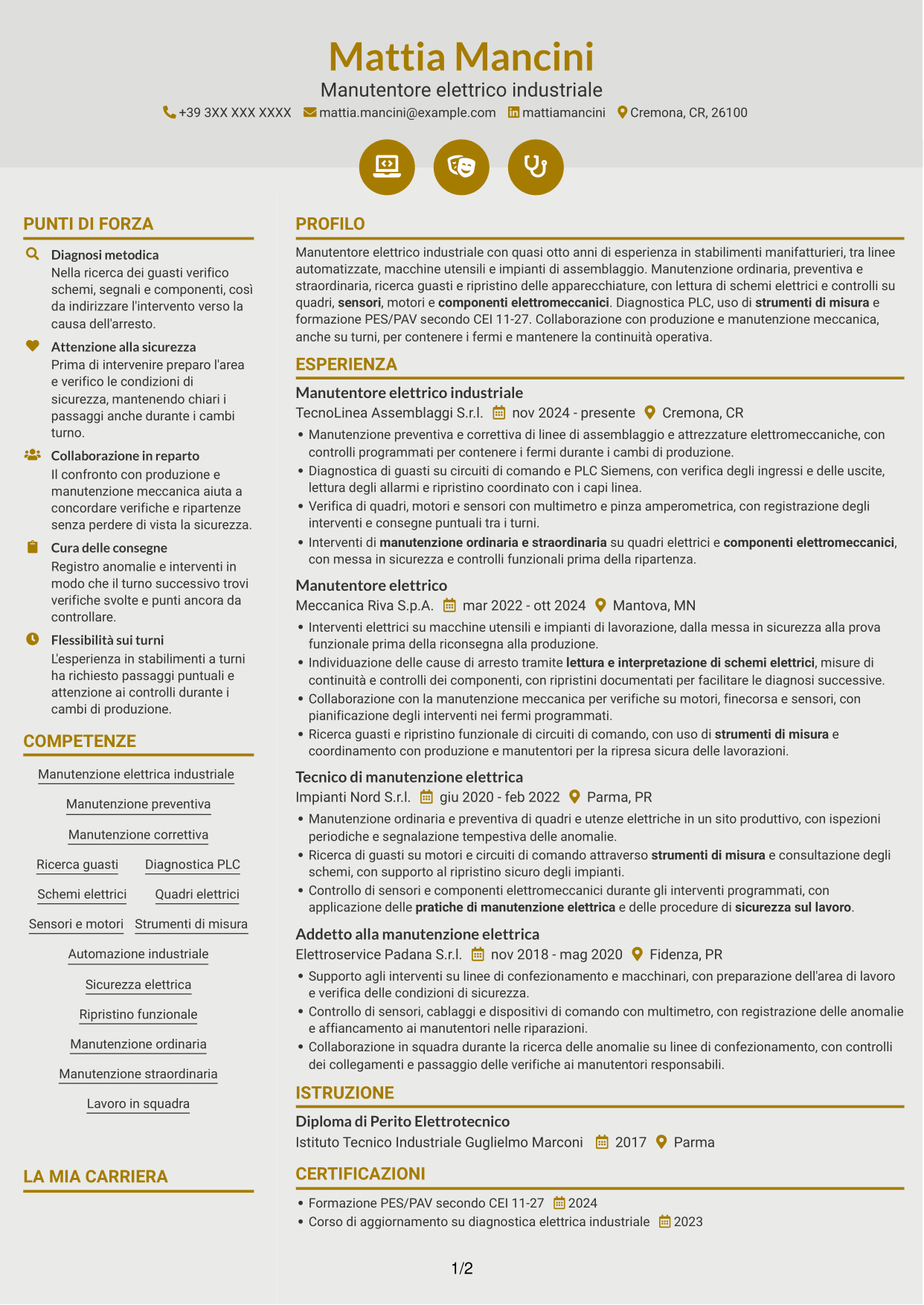 CV Dinamico (formato a due colonne con icone): Manutentore Elettrico Industriale - Impianti e automazione, pagina 1