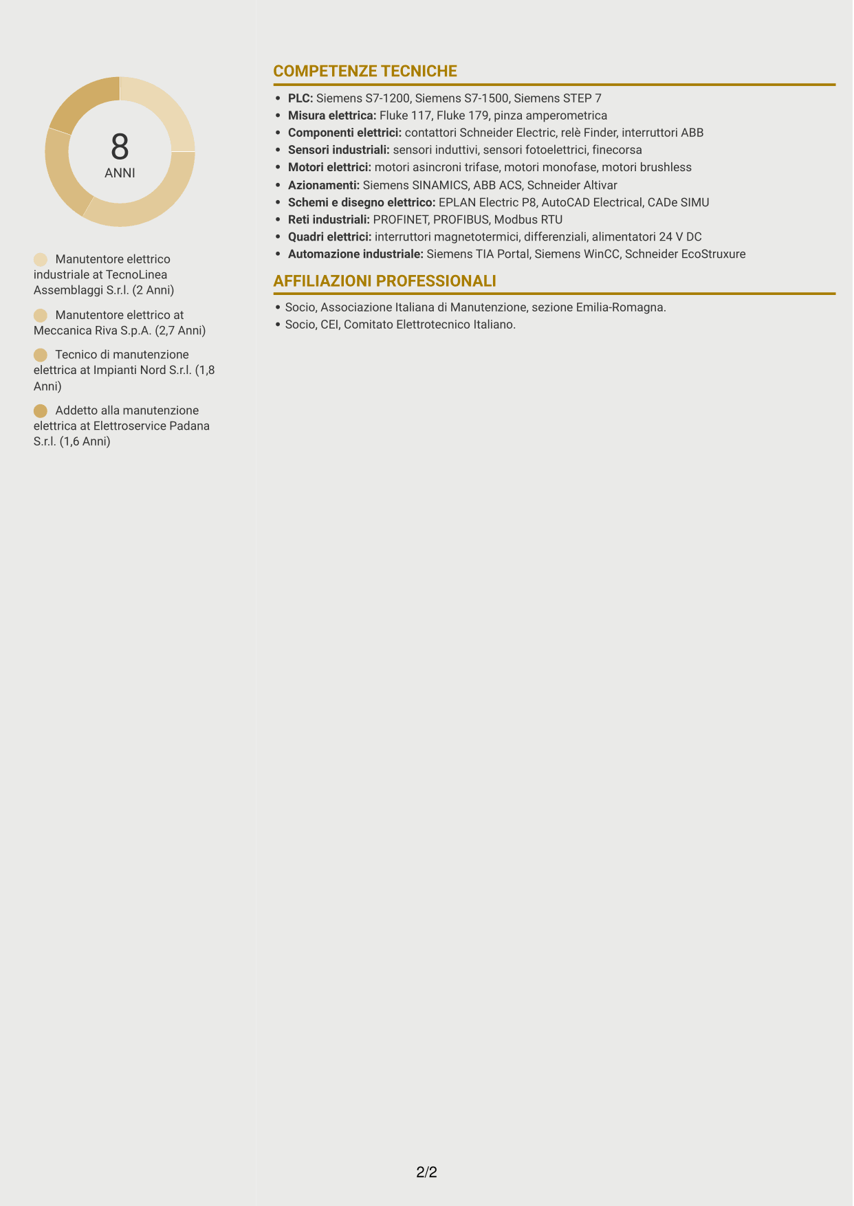 CV Dinamico (formato a due colonne con icone): Manutentore Elettrico Industriale - Impianti e automazione, pagina 2
