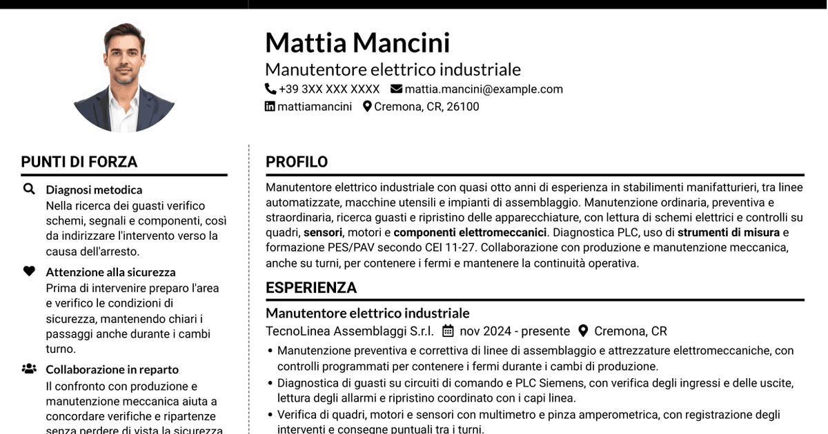 7 modelli di CV per Manutentore Elettrico Industriale - Impianti e automazione, con esempi