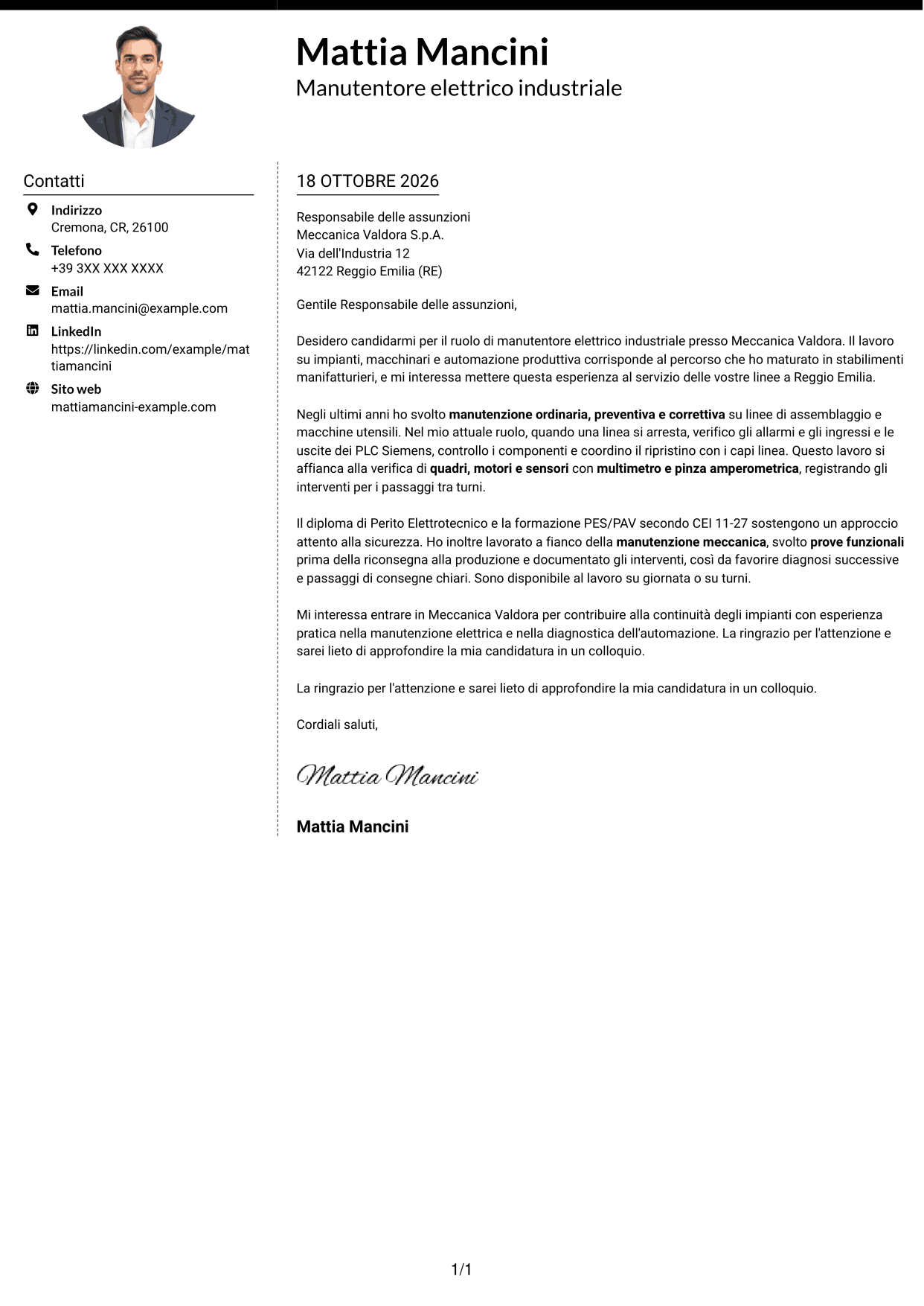 Lettera di presentazione Moderno (formato a due colonne con foto a sinistra e separatore): Manutentore Elettrico Industriale - Impianti e automazione, pagina 1