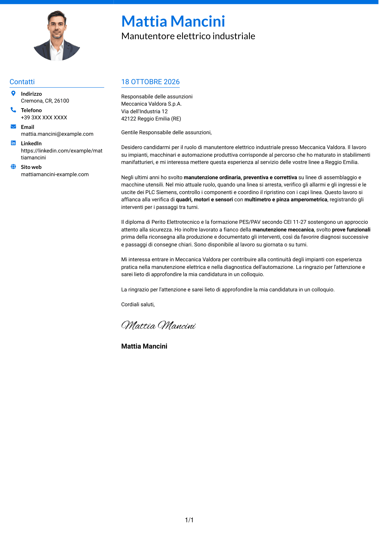 Lettera di presentazione Audace (formato a due colonne con accenti colorati e foto): Manutentore Elettrico Industriale - Impianti e automazione, pagina 1