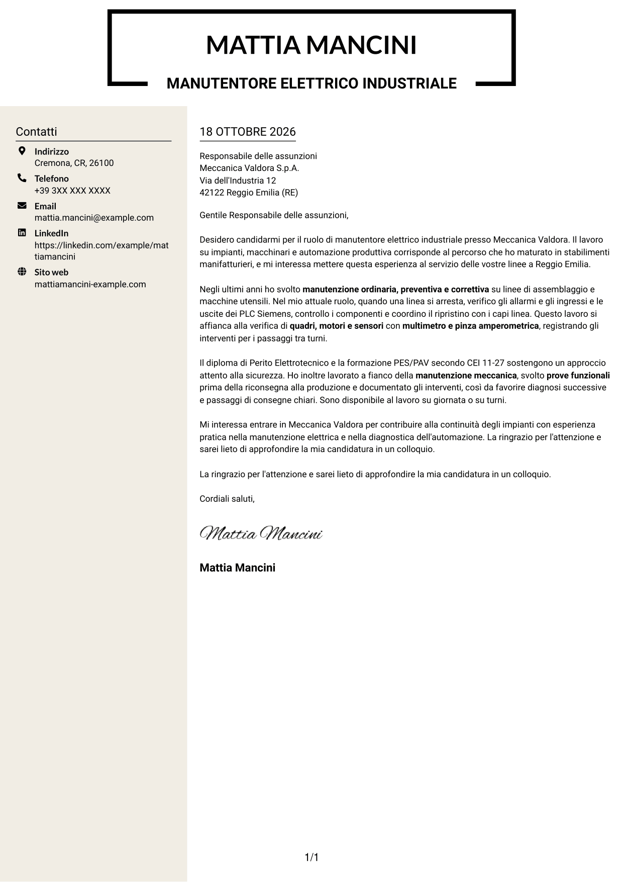 Lettera di presentazione Intraprendente (formato a due colonne con intestazione centrata senza foto): Manutentore Elettrico Industriale - Impianti e automazione, pagina 1