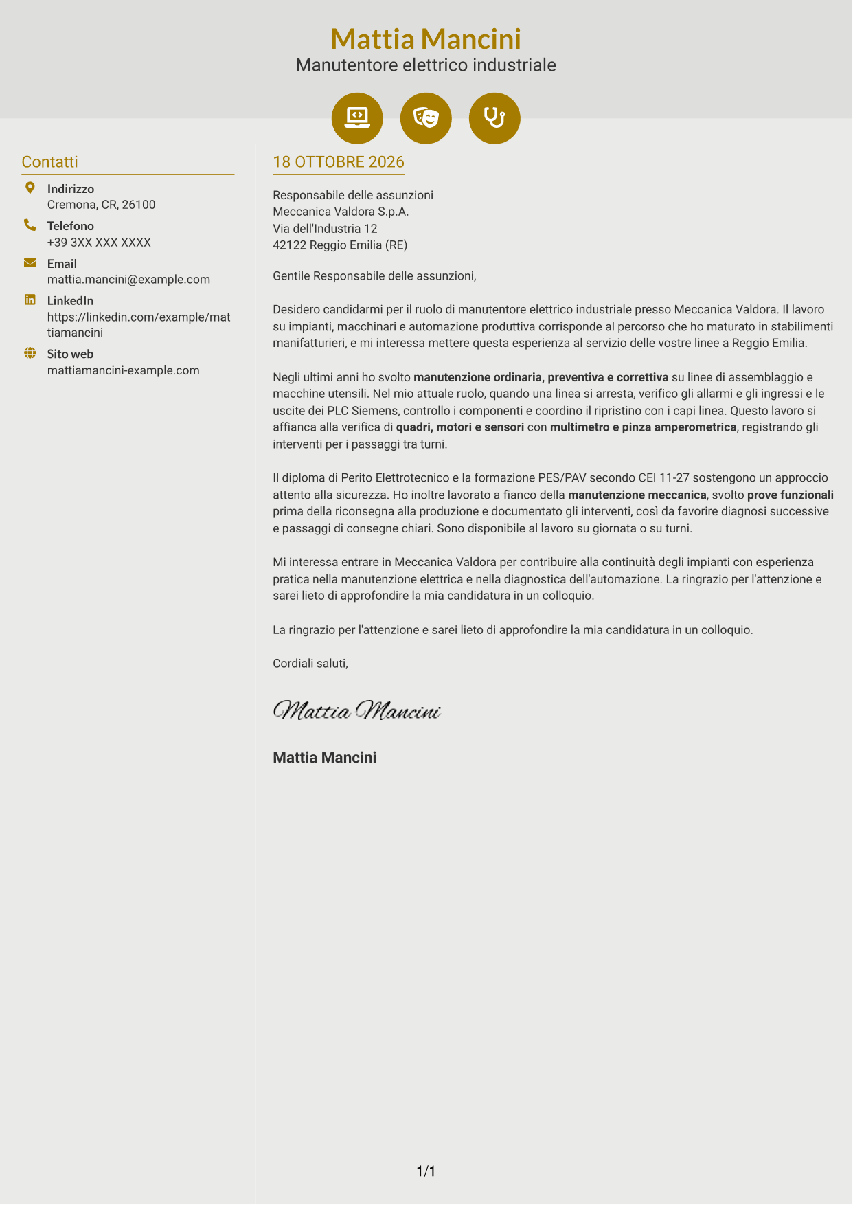 Lettera di presentazione Dinamico (formato a due colonne con icone): Manutentore Elettrico Industriale - Impianti e automazione, pagina 1
