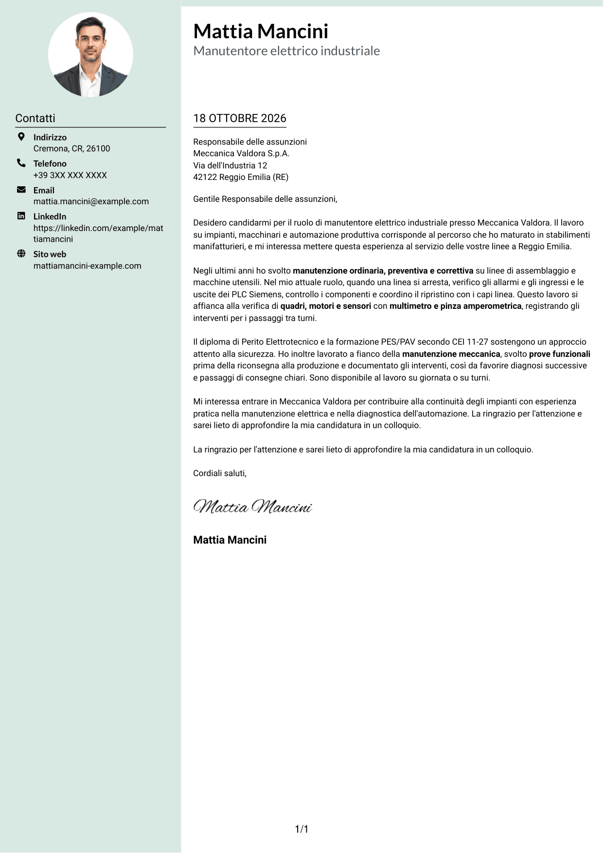 Lettera di presentazione Dirigente (formato con colonna laterale tenue e foto arrotondata): Manutentore Elettrico Industriale - Impianti e automazione, pagina 1