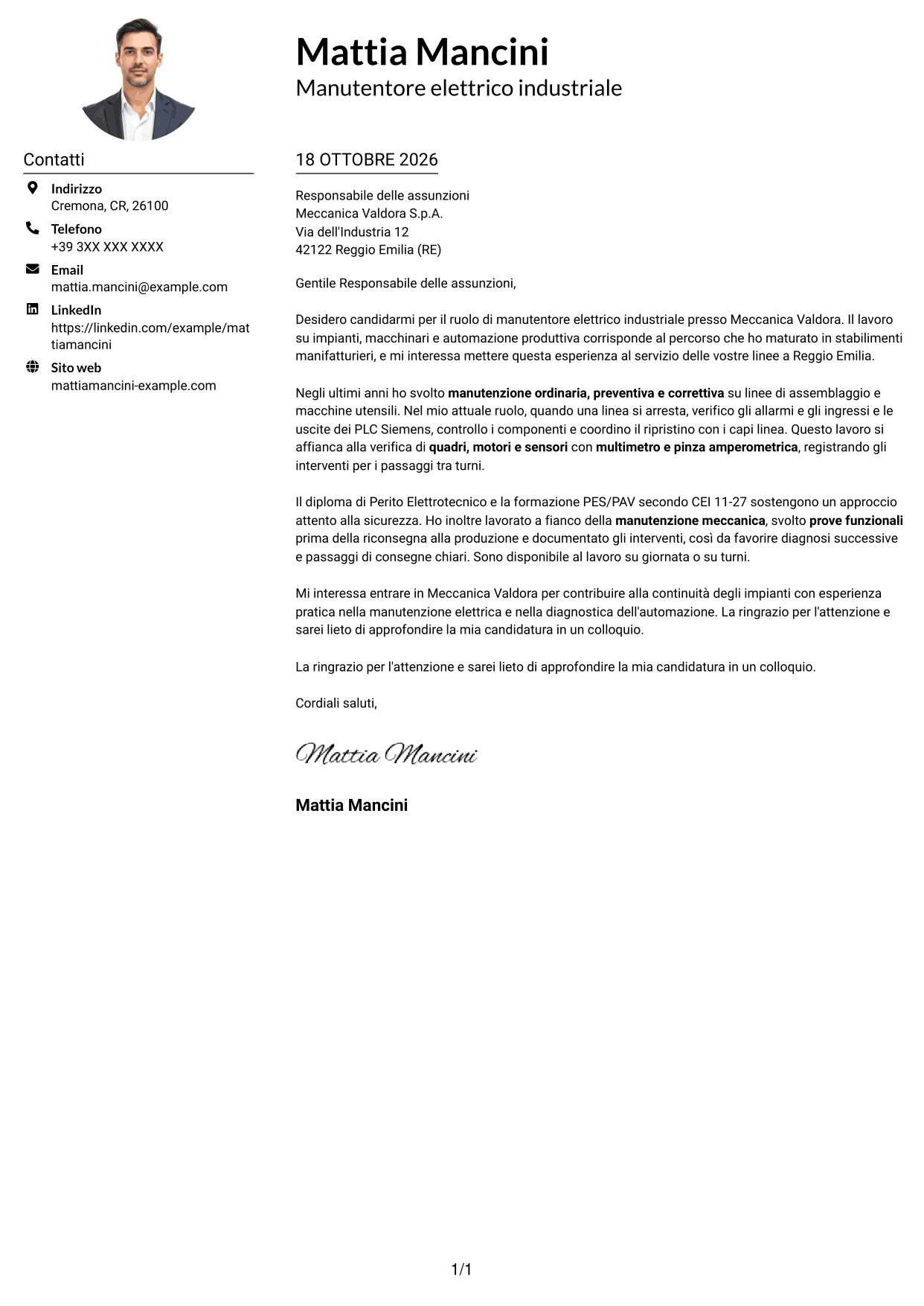 Esempio di lettera di presentazione — pagina 1