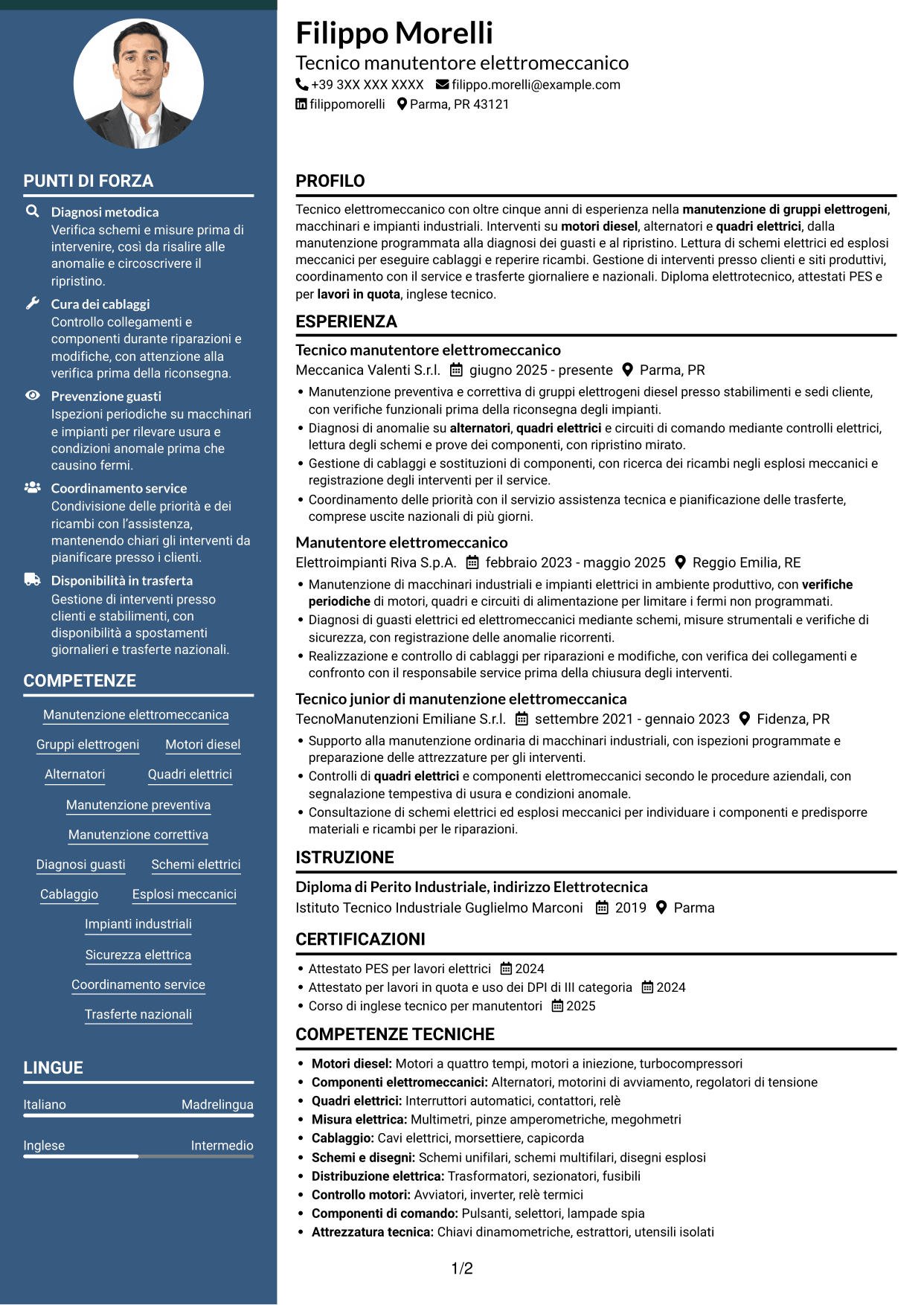 CV Elegante (formato con colonna laterale colorata e foto): Manutentore Elettromeccanico - Gruppi Elettrogeni, pagina 1