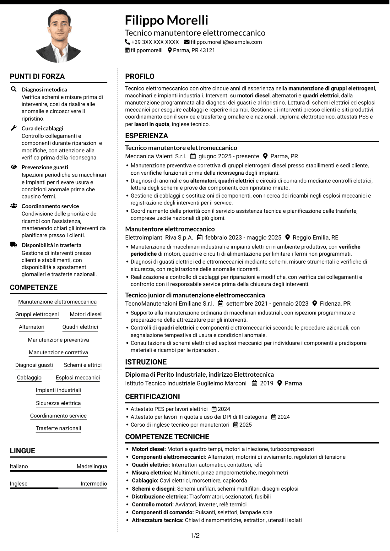 CV Moderno (formato a due colonne con foto a sinistra e separatore): Manutentore Elettromeccanico - Gruppi Elettrogeni, pagina 1
