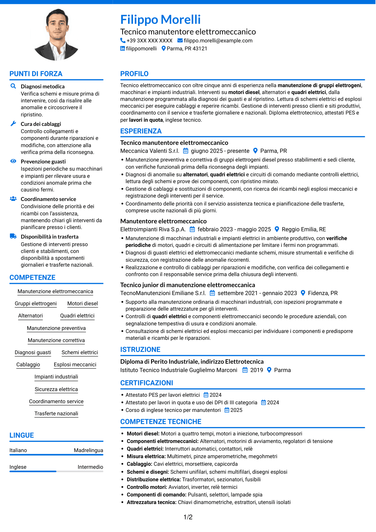 CV Audace (formato a due colonne con accenti colorati e foto): Manutentore Elettromeccanico - Gruppi Elettrogeni, pagina 1