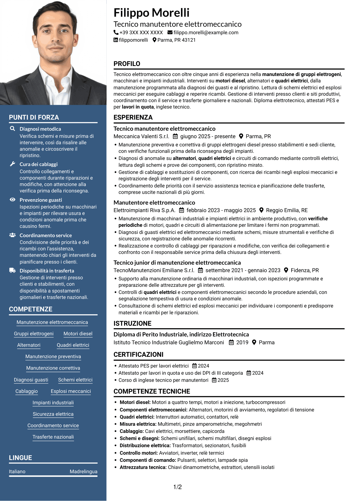 CV Signature (formato con colonna laterale colorata e foto grande): Manutentore Elettromeccanico - Gruppi Elettrogeni, pagina 1