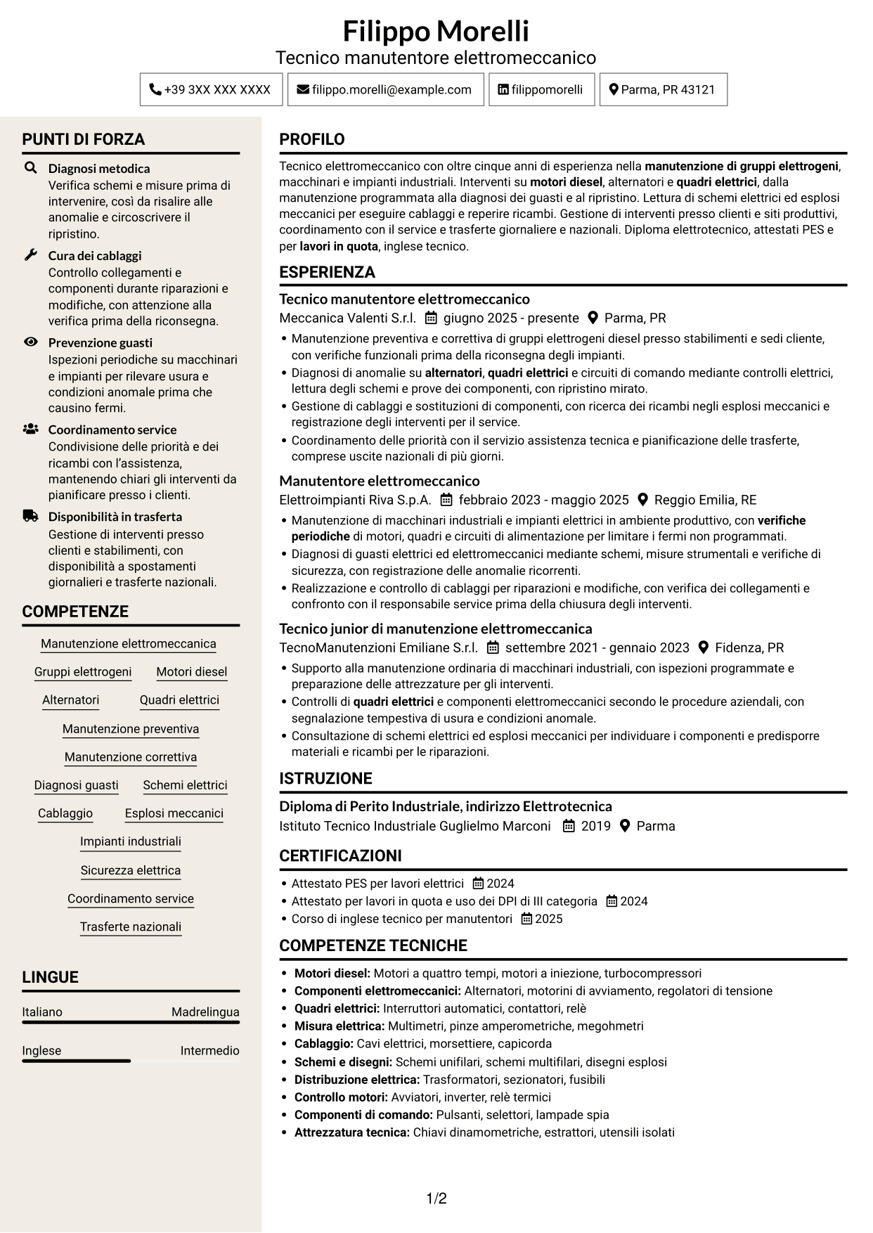 CV Intraprendente (formato a due colonne con intestazione centrata senza foto): Manutentore Elettromeccanico - Gruppi Elettrogeni, pagina 1