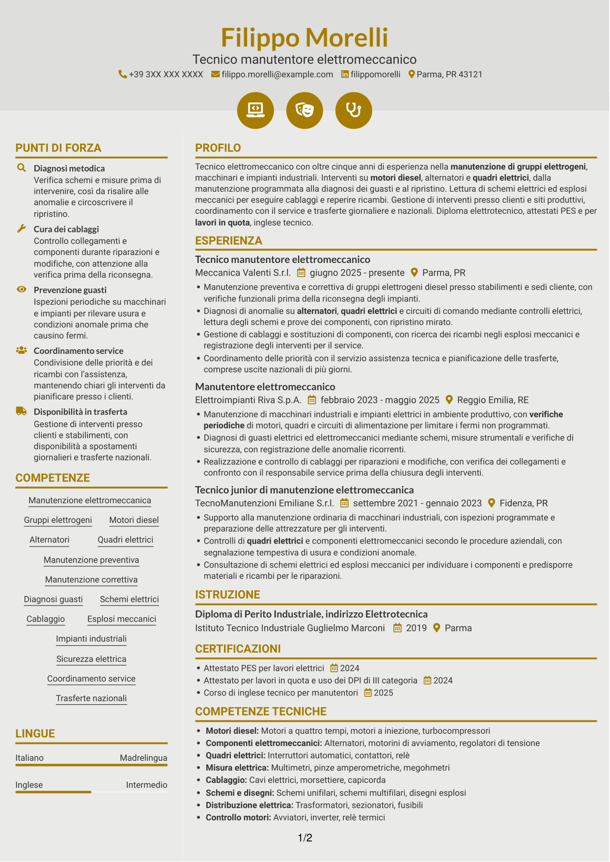 CV Dinamico (formato a due colonne con icone): Manutentore Elettromeccanico - Gruppi Elettrogeni, pagina 1