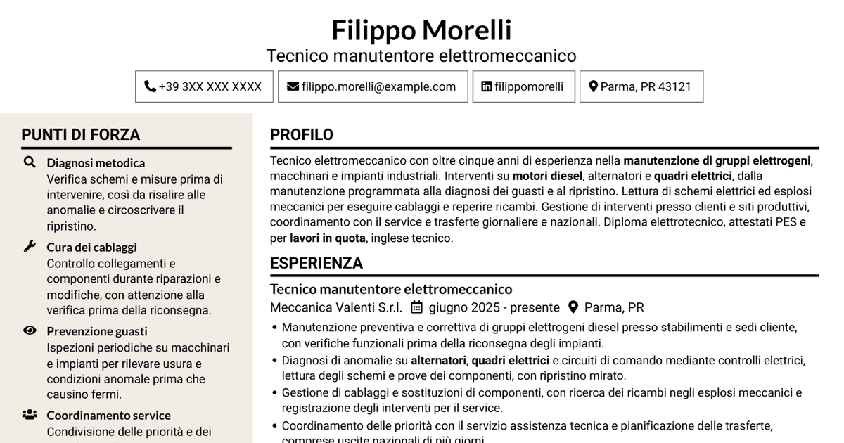 7 modelli di CV per Manutentore Elettromeccanico - Gruppi Elettrogeni, con esempi