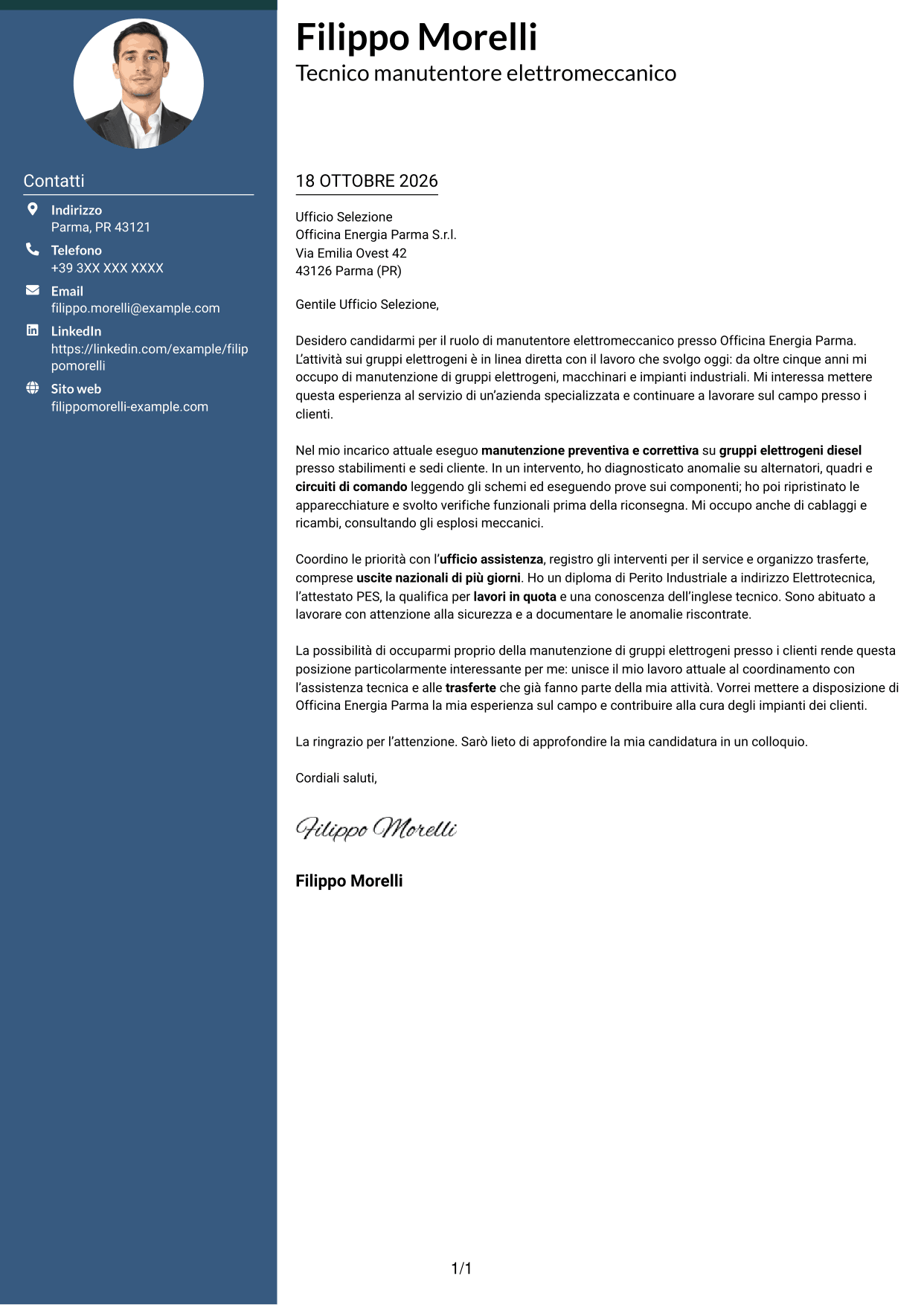 Lettera di presentazione Elegante (formato con colonna laterale colorata e foto): Manutentore Elettromeccanico - Gruppi Elettrogeni, pagina 1