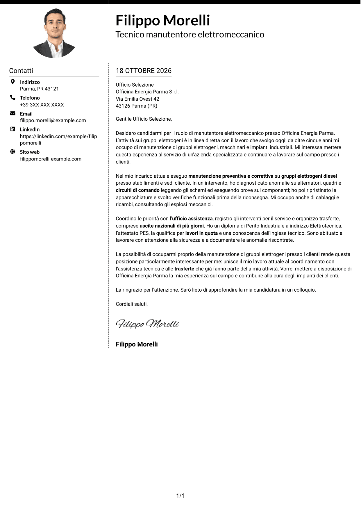 Lettera di presentazione Moderno (formato a due colonne con foto a sinistra e separatore): Manutentore Elettromeccanico - Gruppi Elettrogeni, pagina 1