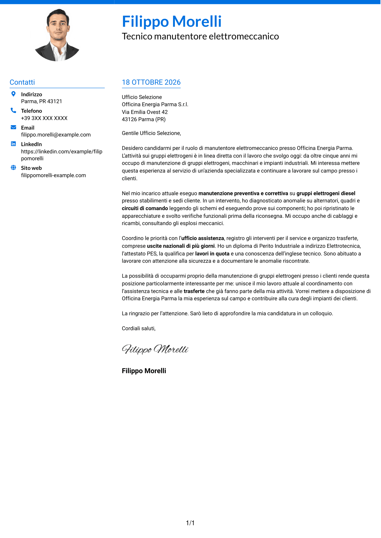 Lettera di presentazione Audace (formato a due colonne con accenti colorati e foto): Manutentore Elettromeccanico - Gruppi Elettrogeni, pagina 1