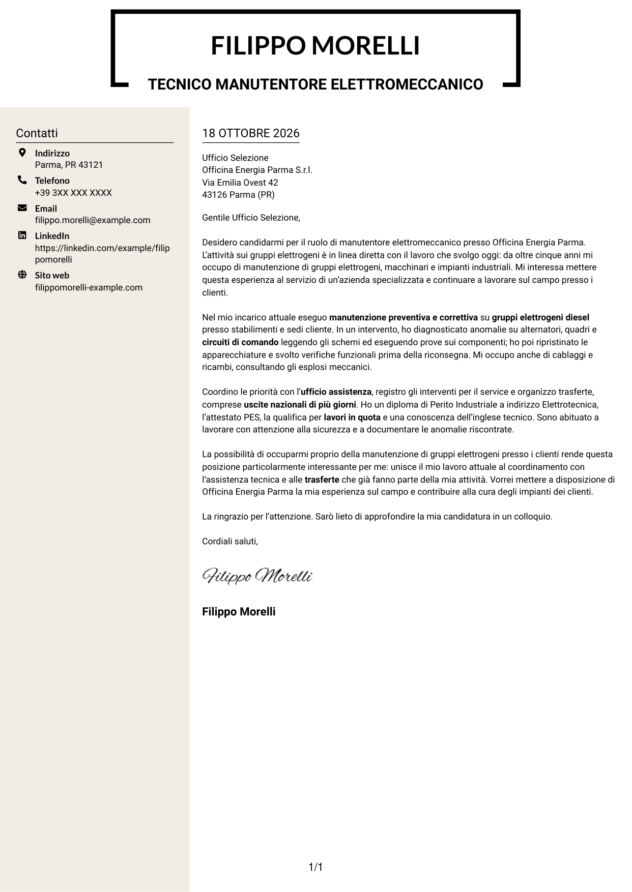 Lettera di presentazione Intraprendente (formato a due colonne con intestazione centrata senza foto): Manutentore Elettromeccanico - Gruppi Elettrogeni, pagina 1