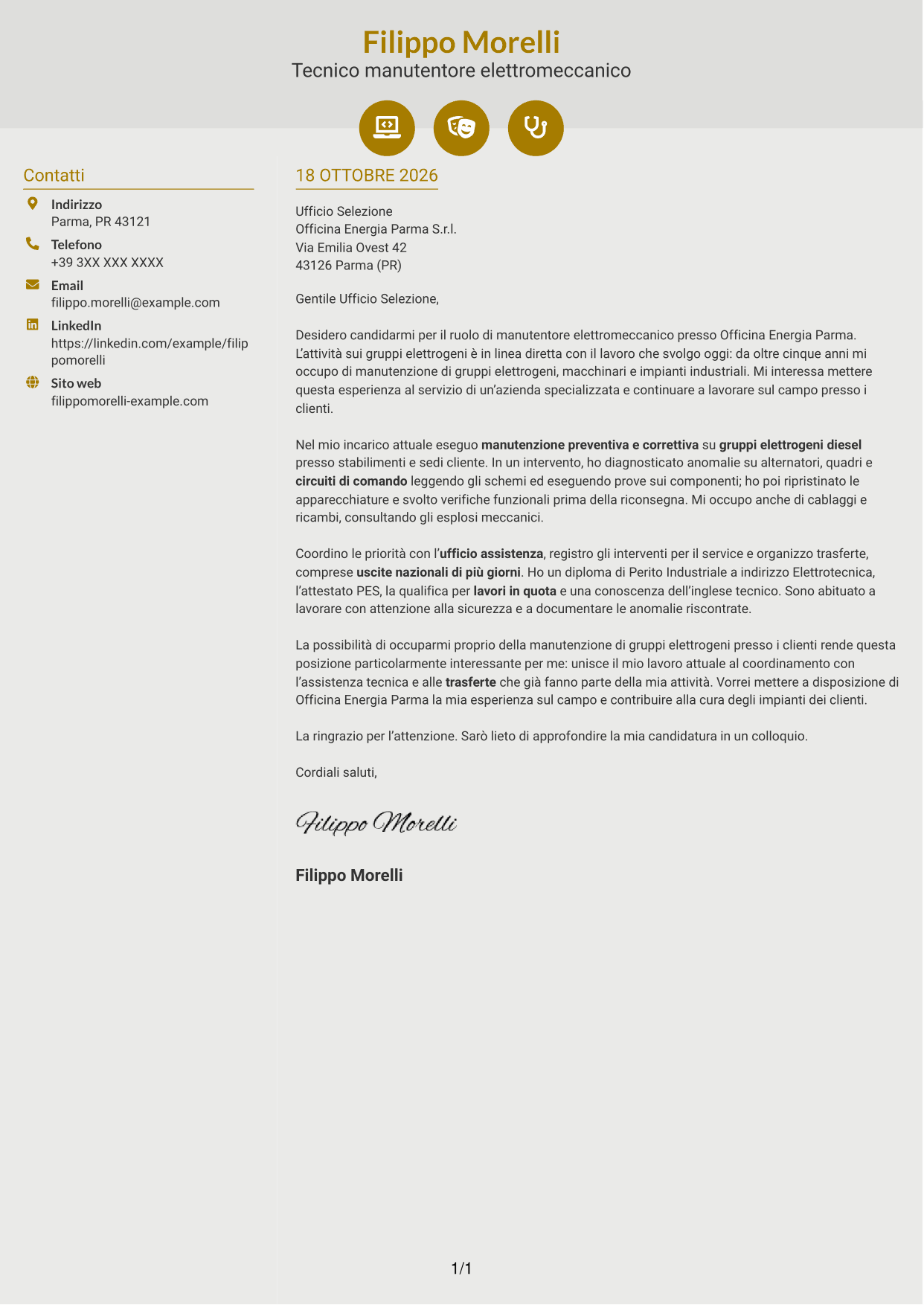 Lettera di presentazione Dinamico (formato a due colonne con icone): Manutentore Elettromeccanico - Gruppi Elettrogeni, pagina 1