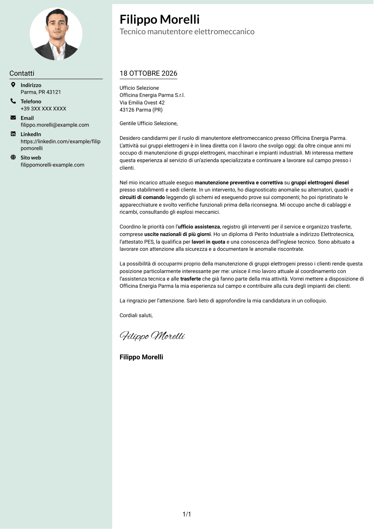 Lettera di presentazione Dirigente (formato con colonna laterale tenue e foto arrotondata): Manutentore Elettromeccanico - Gruppi Elettrogeni, pagina 1