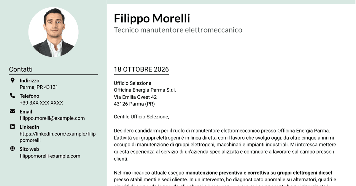 7 modelli di lettera di presentazione per Manutentore Elettromeccanico - Gruppi Elettrogeni, con esempi