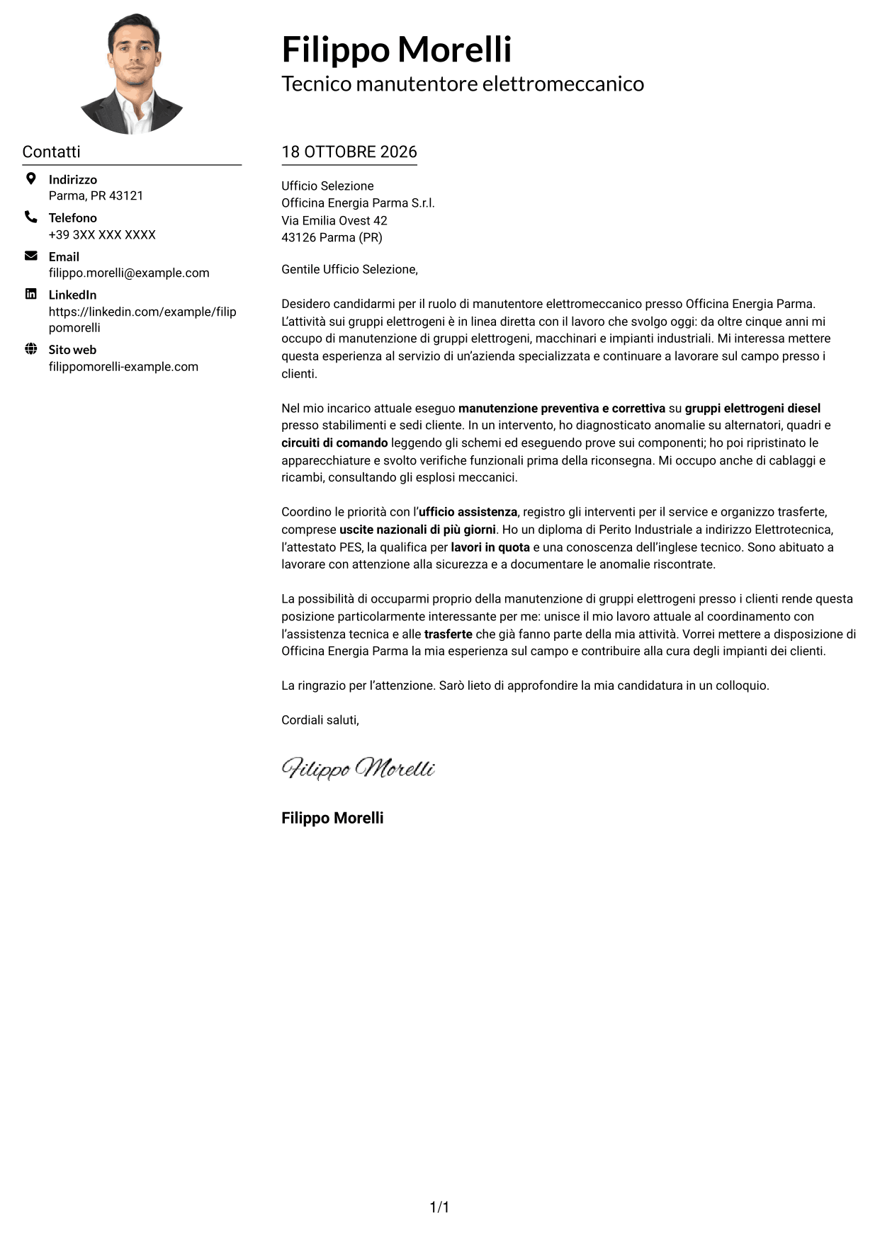 Esempio di lettera di presentazione — pagina 1