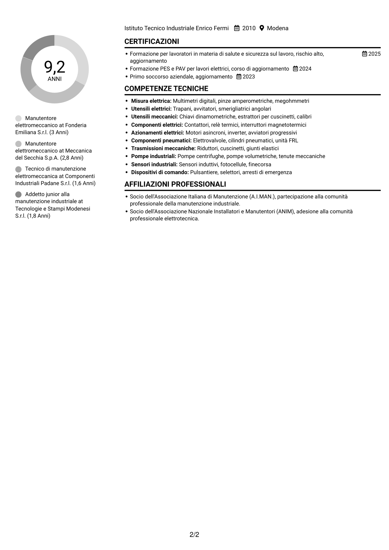 CV Compatto (formato sobrio a due colonne con foto): Manutentore Elettromeccanico Industriale, pagina 2