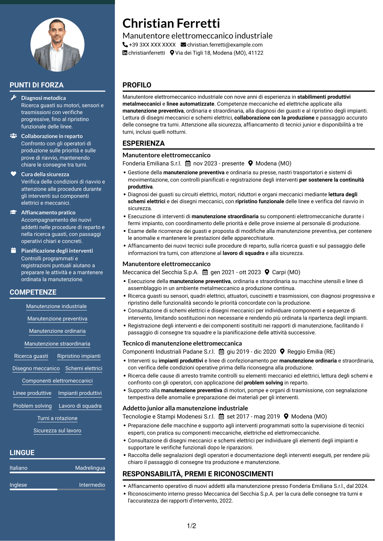 CV Elegante (formato con colonna laterale colorata e foto): Manutentore Elettromeccanico Industriale, pagina 1