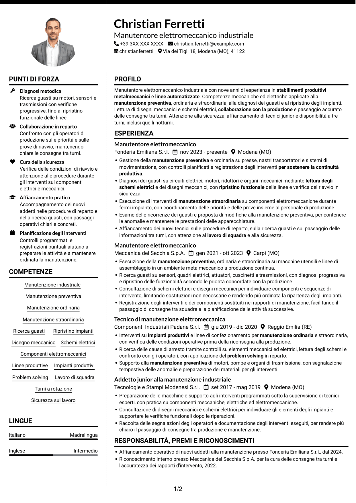 CV Moderno (formato a due colonne con foto a sinistra e separatore): Manutentore Elettromeccanico Industriale, pagina 1