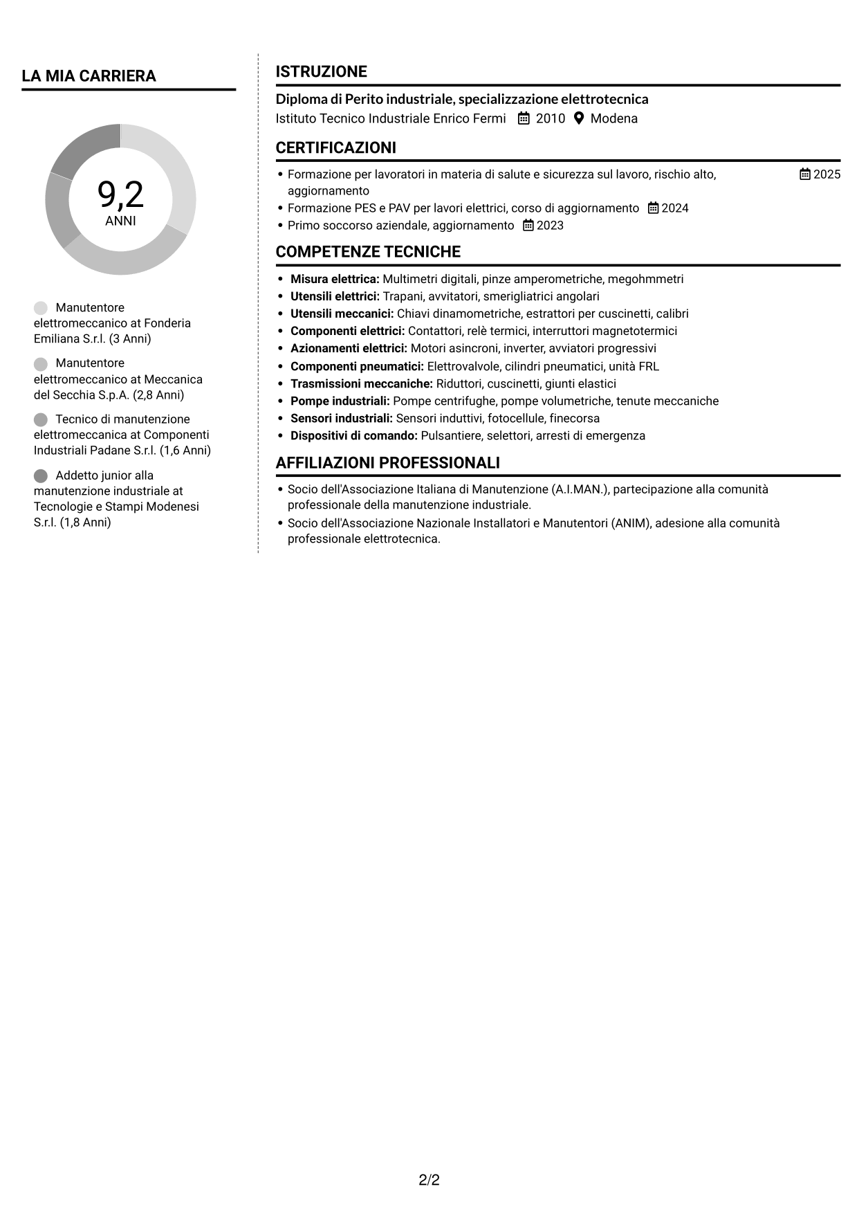 CV Moderno (formato a due colonne con foto a sinistra e separatore): Manutentore Elettromeccanico Industriale, pagina 2