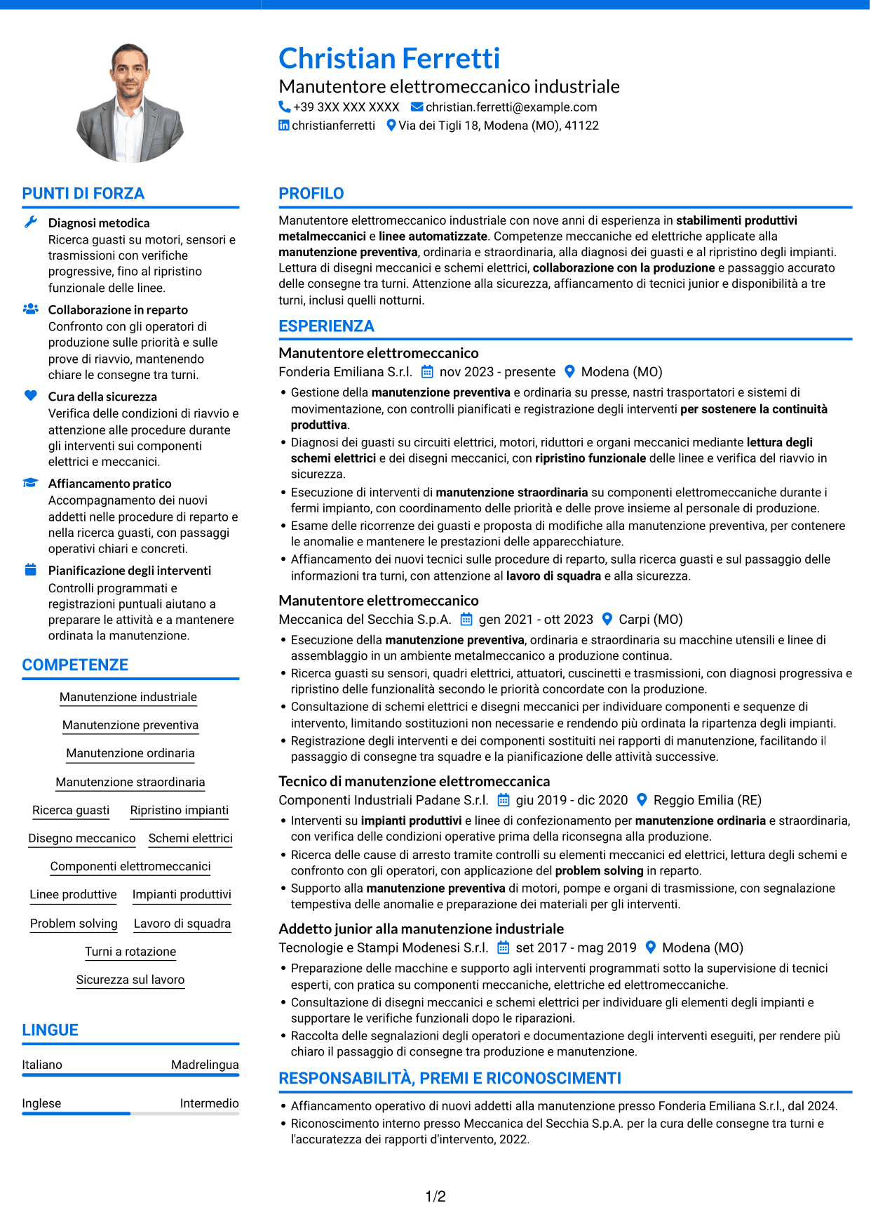 CV Audace (formato a due colonne con accenti colorati e foto): Manutentore Elettromeccanico Industriale, pagina 1
