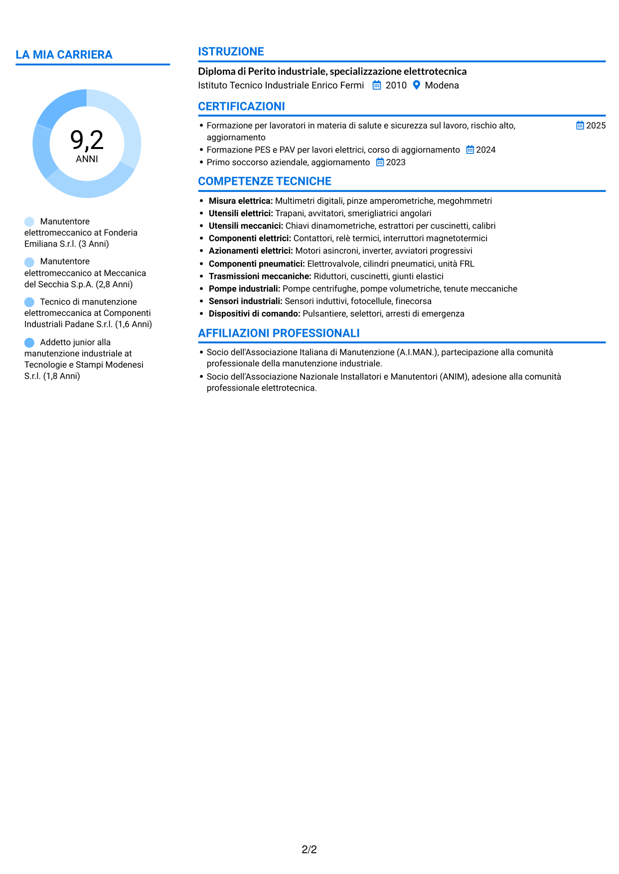 CV Audace (formato a due colonne con accenti colorati e foto): Manutentore Elettromeccanico Industriale, pagina 2